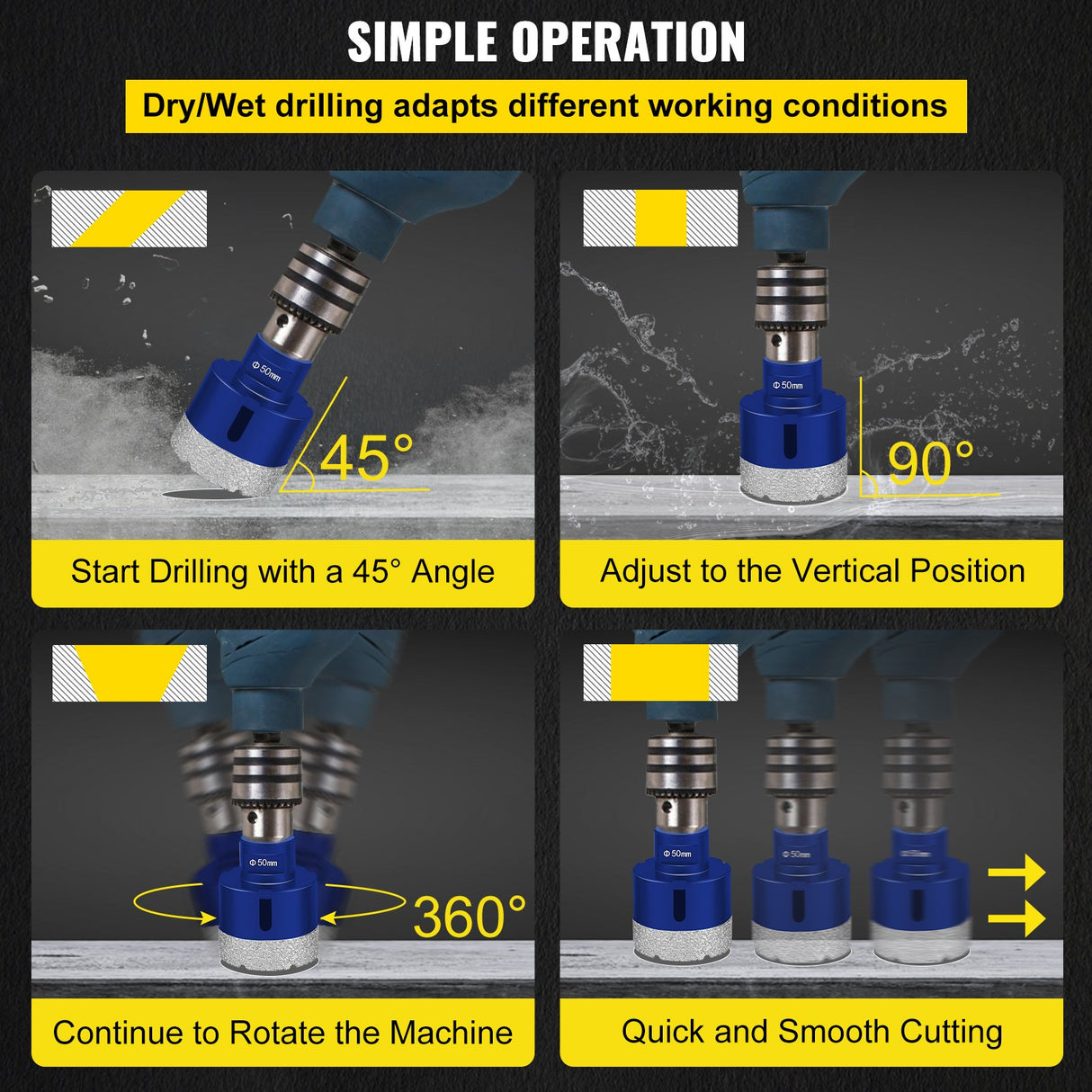 VEVOR Diamond Drill Bits 4PCS Diamond Hole Saw 35/40/50/68mm Tile Hole Saw Kit Vacuum Brazed Diamond Drill Bit 0.59in/15mm Segment Tile Hole Saw w