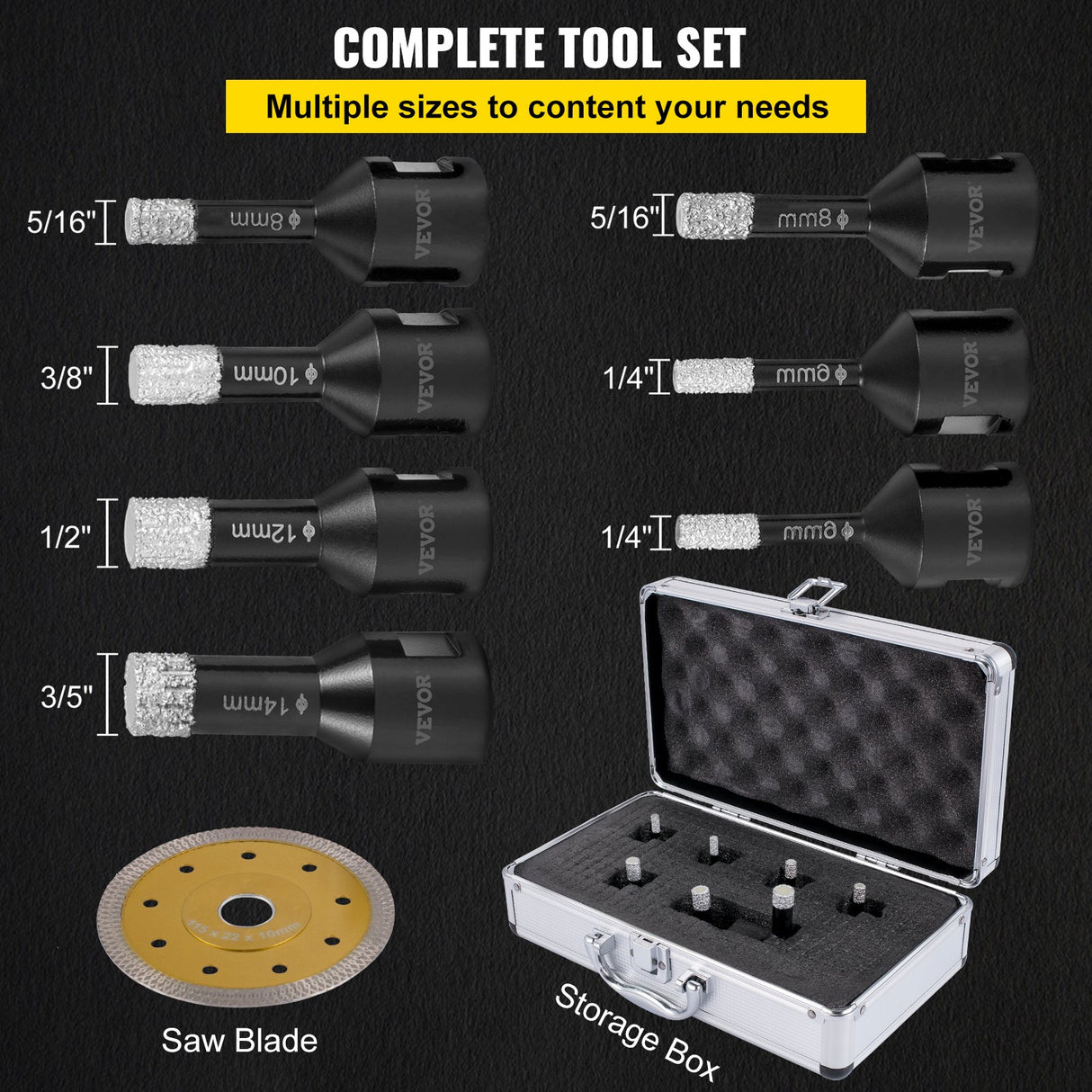VEVOR Diamond Drill Bits 7PCS Diamond Hole Saw 6/6/8/8/10/12/14mm Tile Hole Saw Kit Vacuum Brazed Diamond Drill Bit 0.59in/15mm Segment Tile Hole Saw w Storage Case for Tile Ceramic Porcelain Marble