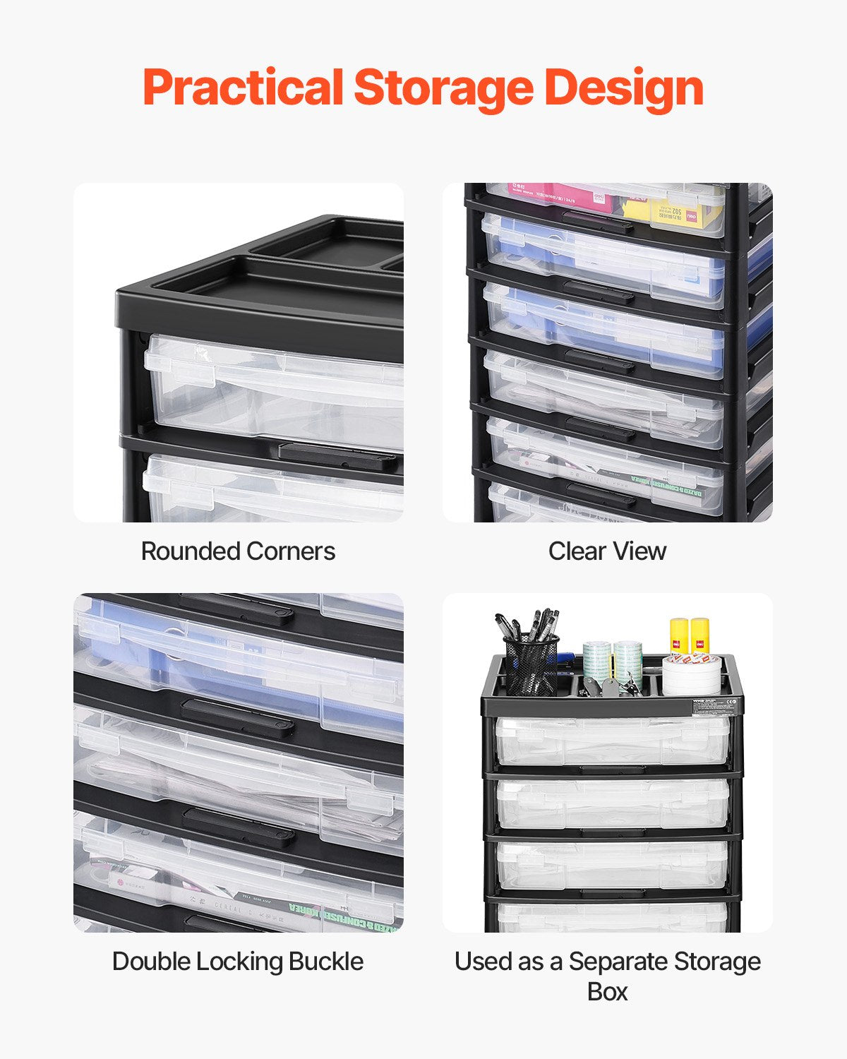 Scrapbook Rolling Storage Cart 6-Tier Large Capacity with 6 Clear Cases Black
