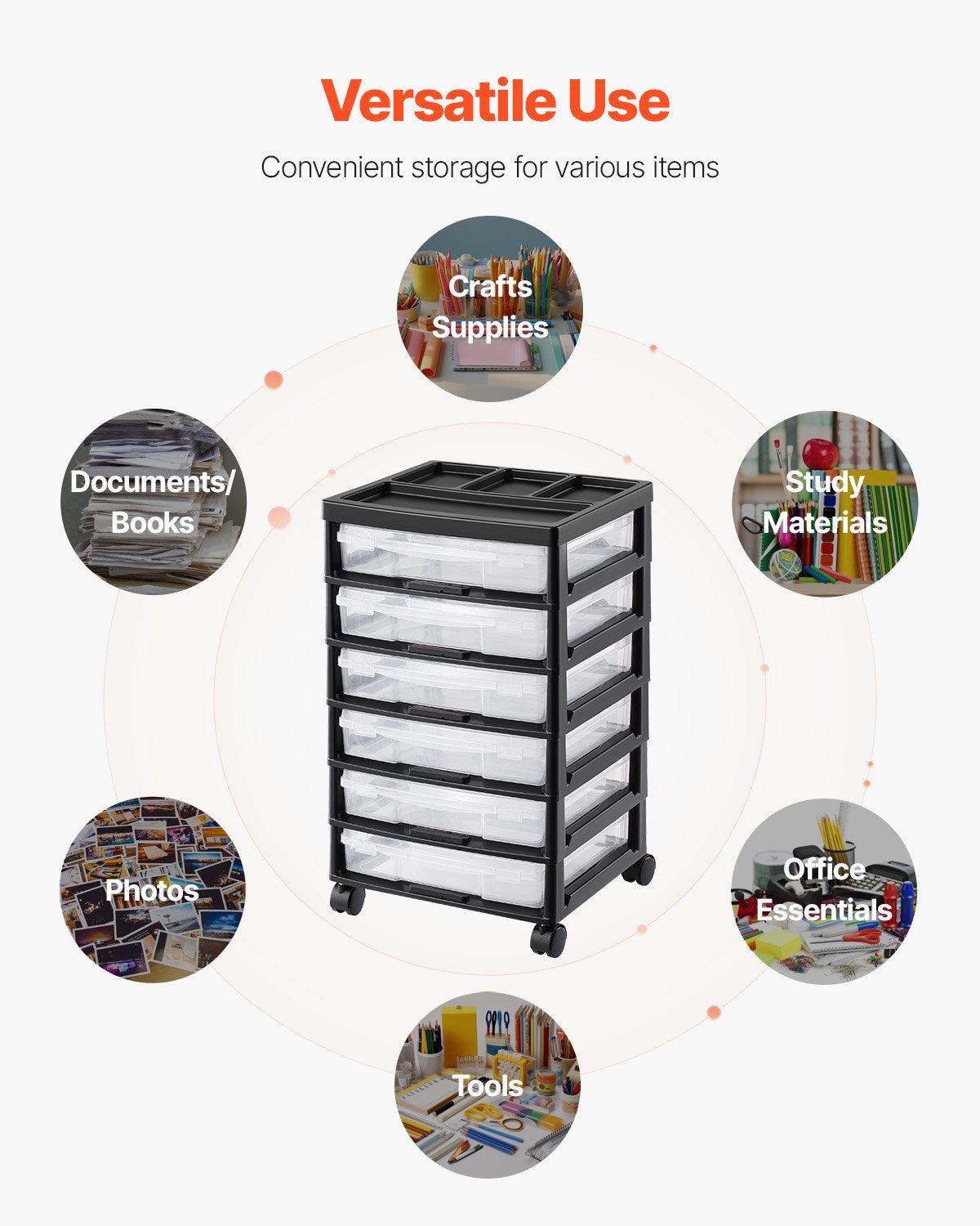 Scrapbook Rolling Storage Cart 6-Tier Large Capacity with 6 Clear Cases Black