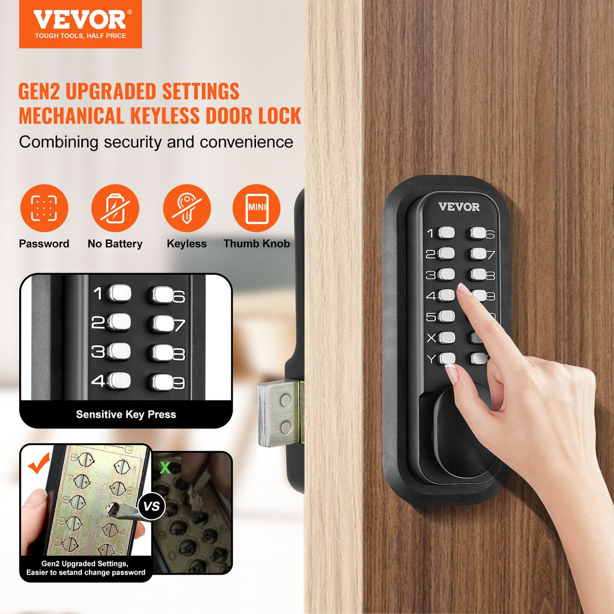 VEVOR Mechanical Keyless Entry Door Lock, 14 Digit Keypad, Water-proof Zinc Alloy, Outdoor Gate Door