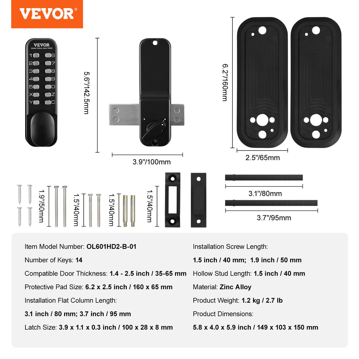 VEVOR Mechanical Keyless Entry Door Lock, 14 Digit Keypad, Water-proof Zinc Alloy, Outdoor Gate Door Locks Set with Surface-mounted Latch, Keypad and Knob, Easy to Install, for Garden, Garage, Yard