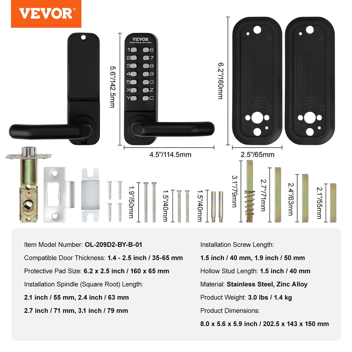 VEVOR Mechanical Keyless Entry Door Lock 14 Digit Keypad and Handle Embedded