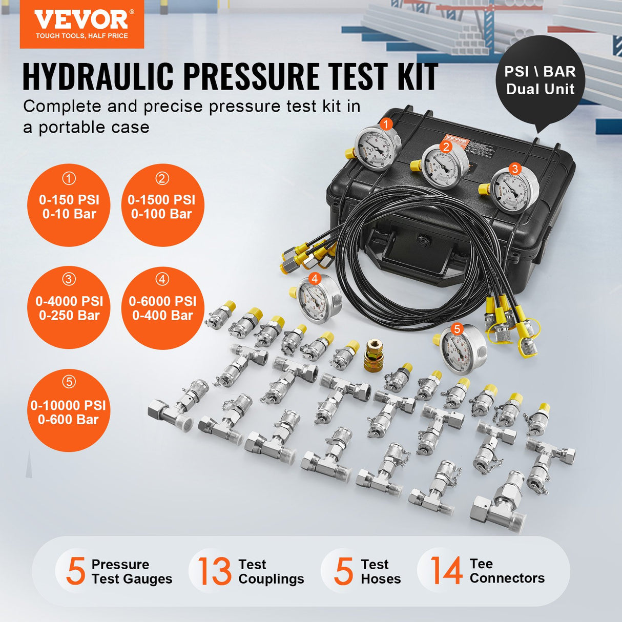 VEVOR Hydraulic Pressure Test Kit, 10/100/250/400/600bar, 5 Gauges 13 Couplings 14 Tee Connectors 5