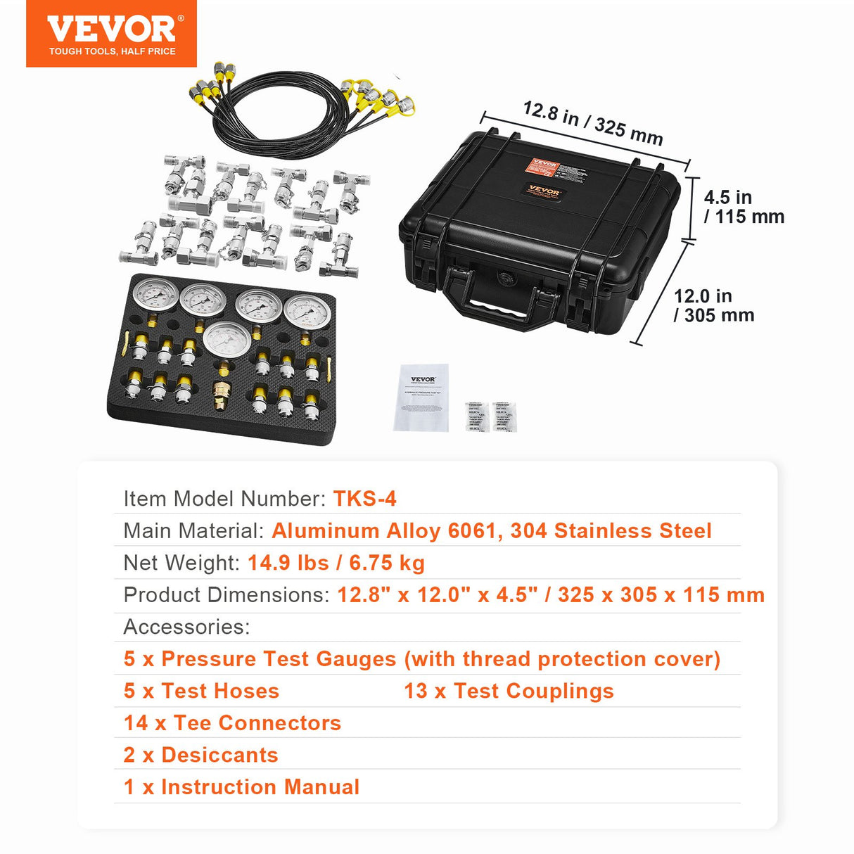 VEVOR Hydraulic Pressure Test Kit, 10/100/250/400/600bar, 5 Gauges 13 Couplings 14 Tee Connectors 5