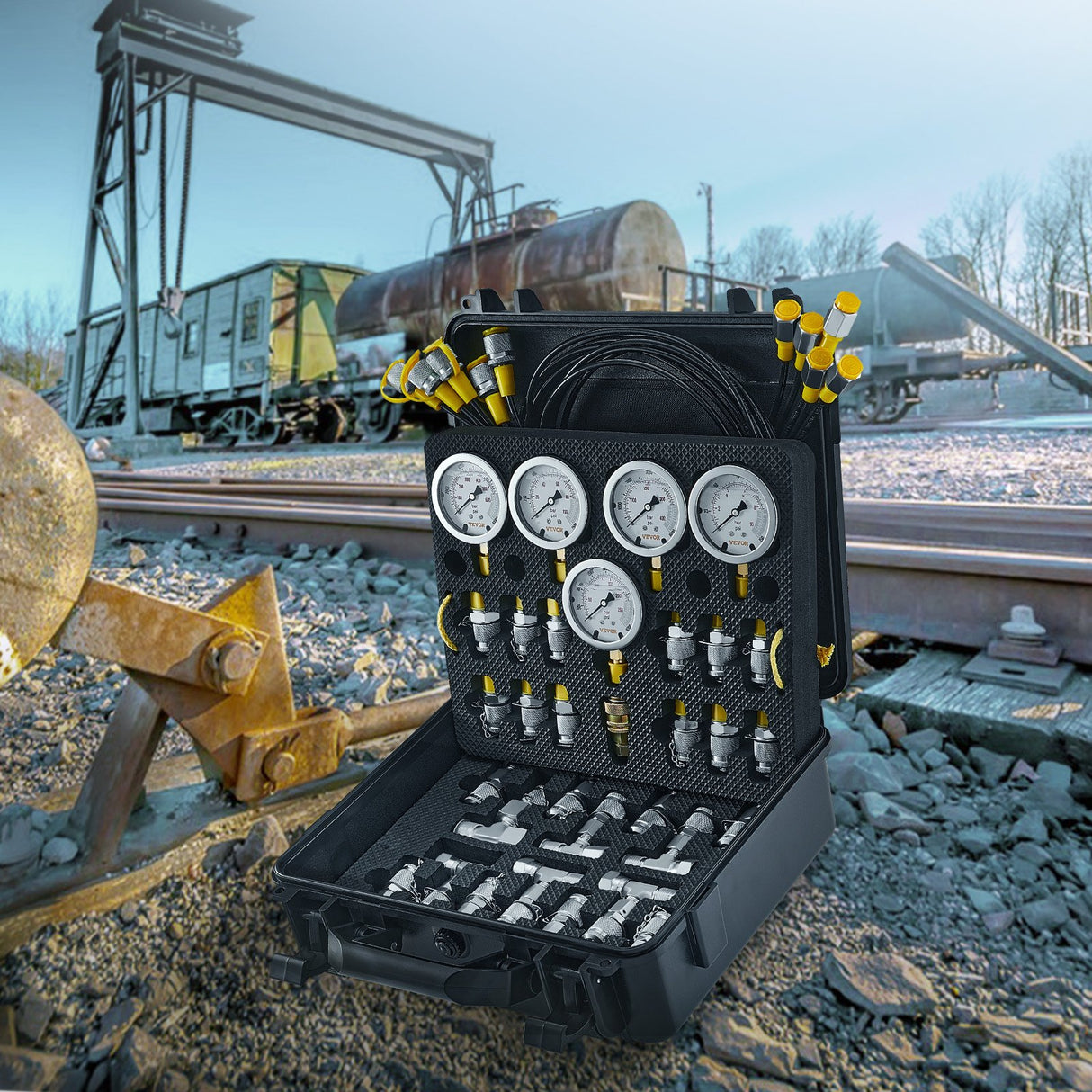 VEVOR Hydraulic Pressure Test Kit, 10/100/250/400/600bar, 5 Gauges 13 Couplings 14 Tee Connectors 5