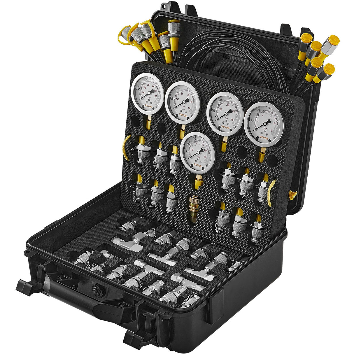 VEVOR Hydraulic Pressure Test Kit, 10/100/250/400/600bar, 5 Gauges 13 Couplings 14 Tee Connectors 5 Test Hoses, Excavator Hydraulic Test Gauge Set with Carrying Case for Excavator Tractors Machinery