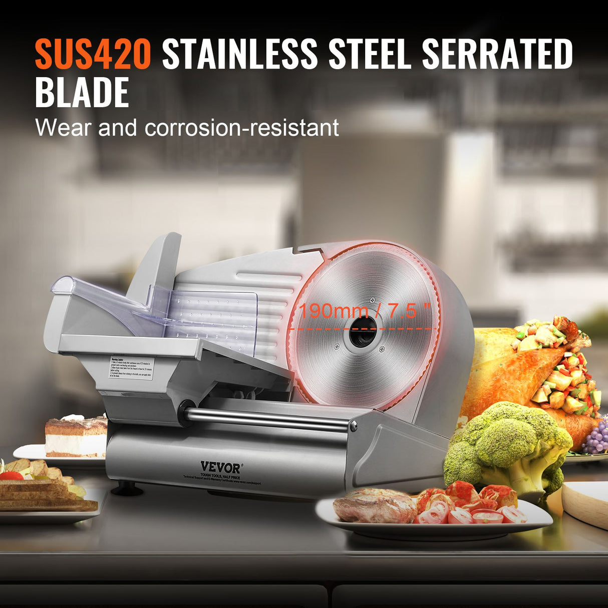VEVOR Meat Slicer, 180W Electric Deli Food Slicer with 7.5" SUS420 Stainless Steel Blade and Blade Guard, 0 - 0.6 inch Adjustable Thickness for Home