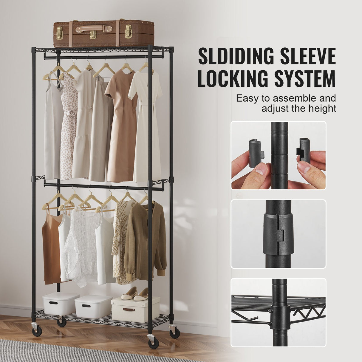 VEVOR Heavy Duty Clothes Rack, Double Hanging Rods Clothing Garment Rack with Bottom and Top Storage Tier, Rolling Clothing Rack for Hanging Clothes, Thicken Steel Tube Hold Up to 136 KG