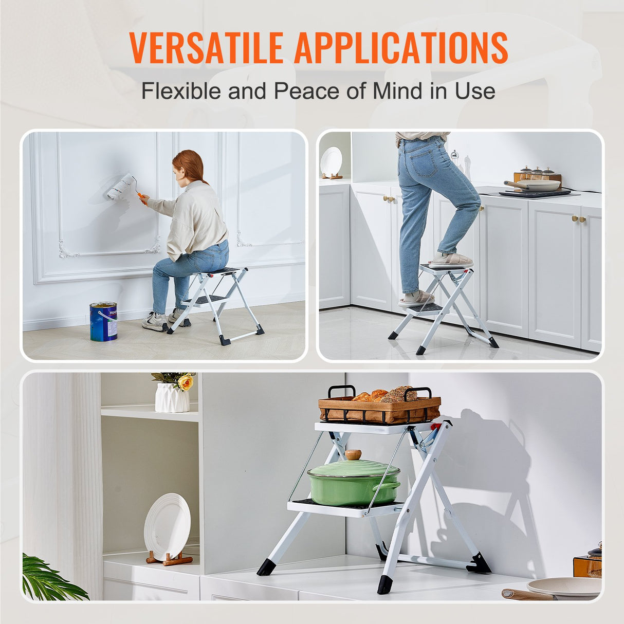 Step Ladder 2-Step 150kg Capacity, Ergonomic Folding Steel Step Stool with Wide Anti-Slip Pedal, Sturdy Step Stool for Adults Toddlers, Multi-Use for Household, Kitchen, Office, RVs