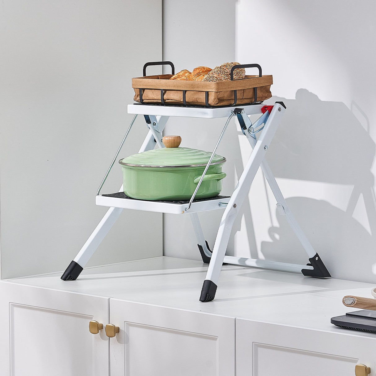 Step Ladder 2-Step 150kg Capacity, Ergonomic Folding Steel Step Stool with Wide Anti-Slip Pedal, Sturdy Step Stool for Adults Toddlers, Multi-Use for Household, Kitchen, Office, RVs