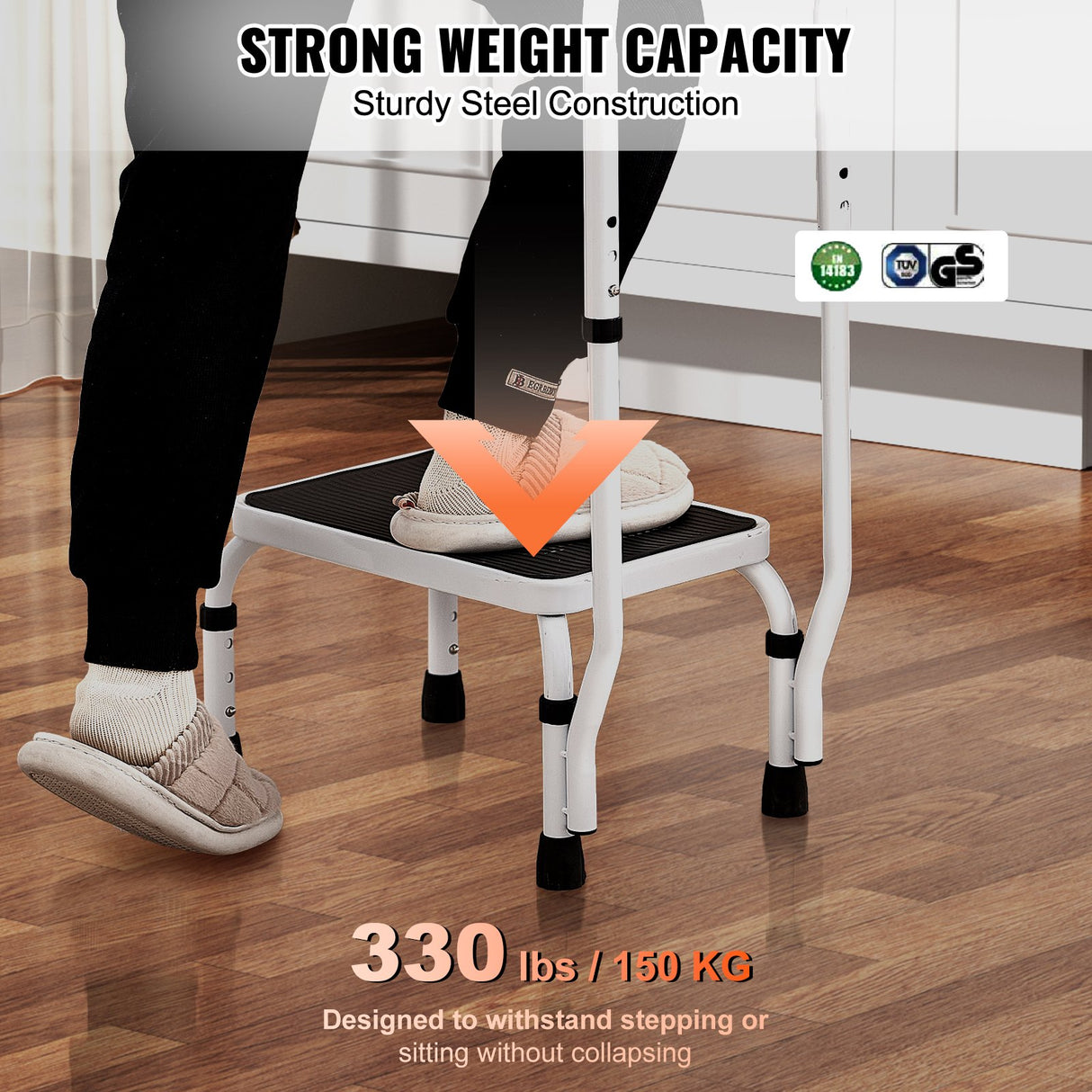 VEVOR Step Stool 1-Step 150KG Capacity, 3 Adjustable Height with Handle Steel Step Ladder, Portable Toddler Step Stools for Adults, Non-Slip Sturdy