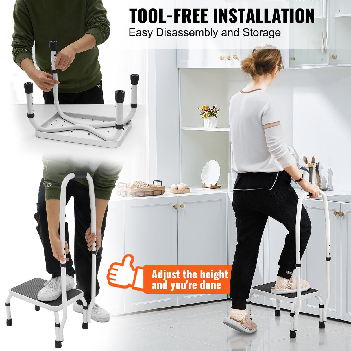 VEVOR Step Stool 1-Step 150KG Capacity, 3 Adjustable Height with Handle Steel Step Ladder, Portable Toddler Step Stools for Adults, Non-Slip Sturdy