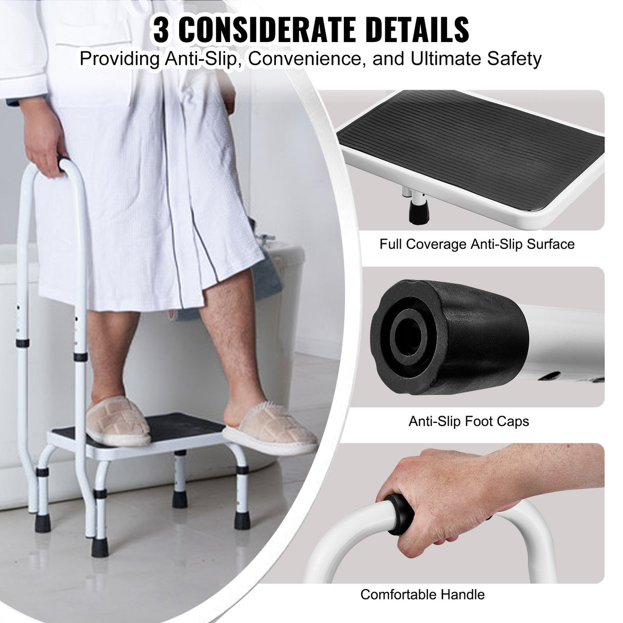 VEVOR Step Stool 1-Step 150KG Capacity, 3 Adjustable Height with Handle Steel Step Ladder, Portable Toddler Step Stools for Adults, Non-Slip Sturdy
