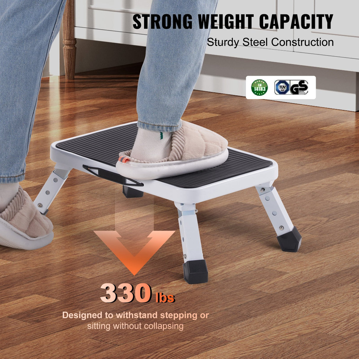 VEVOR Step Stool 1-Step 150KG Capacity, Folding Steel Step Ladder 3 Adjustable Height, Portable Todd