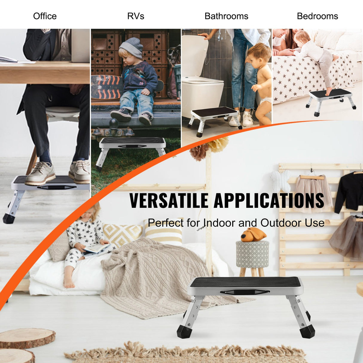 VEVOR Step Stool 1-Step 150KG Capacity, Folding Steel Step Ladder 3 Adjustable Height, Portable Toddler Step Stools for Adults, Non-Slip Sturdy Step Ladders for Office, RVs, Pets, Bathrooms,Bedrooms