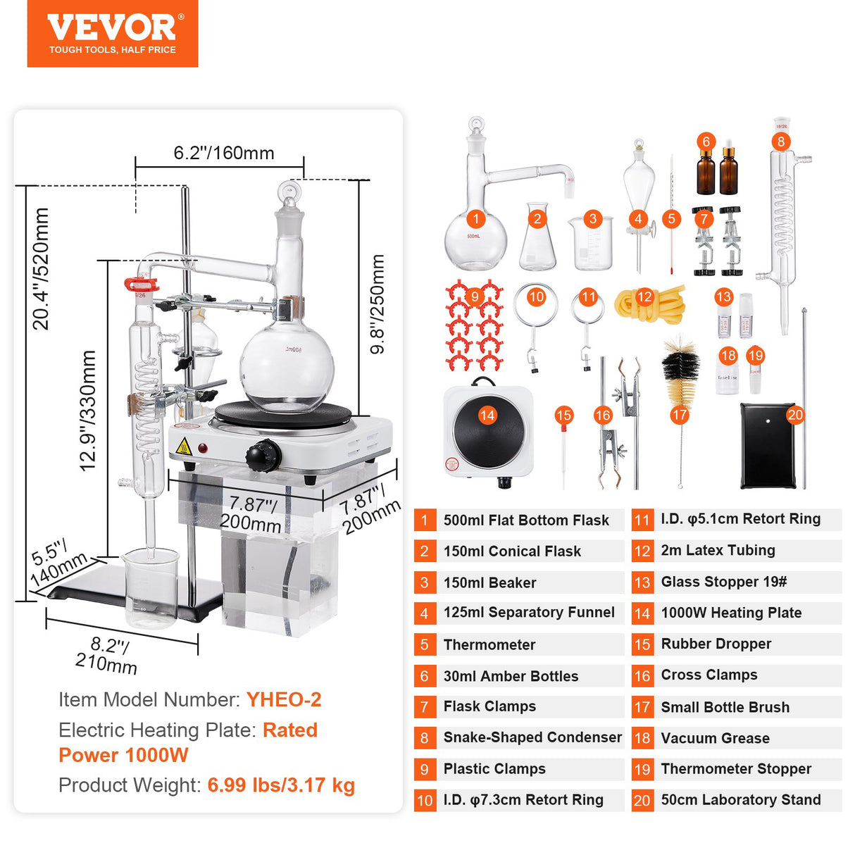 VEVOR Essential Oil Distillation Kit, 500ml Distillation Apparatus, 3.3 Boro Lab Glassware Distillation Kit with 1000W Heating Plate and 24, 40 Joint,