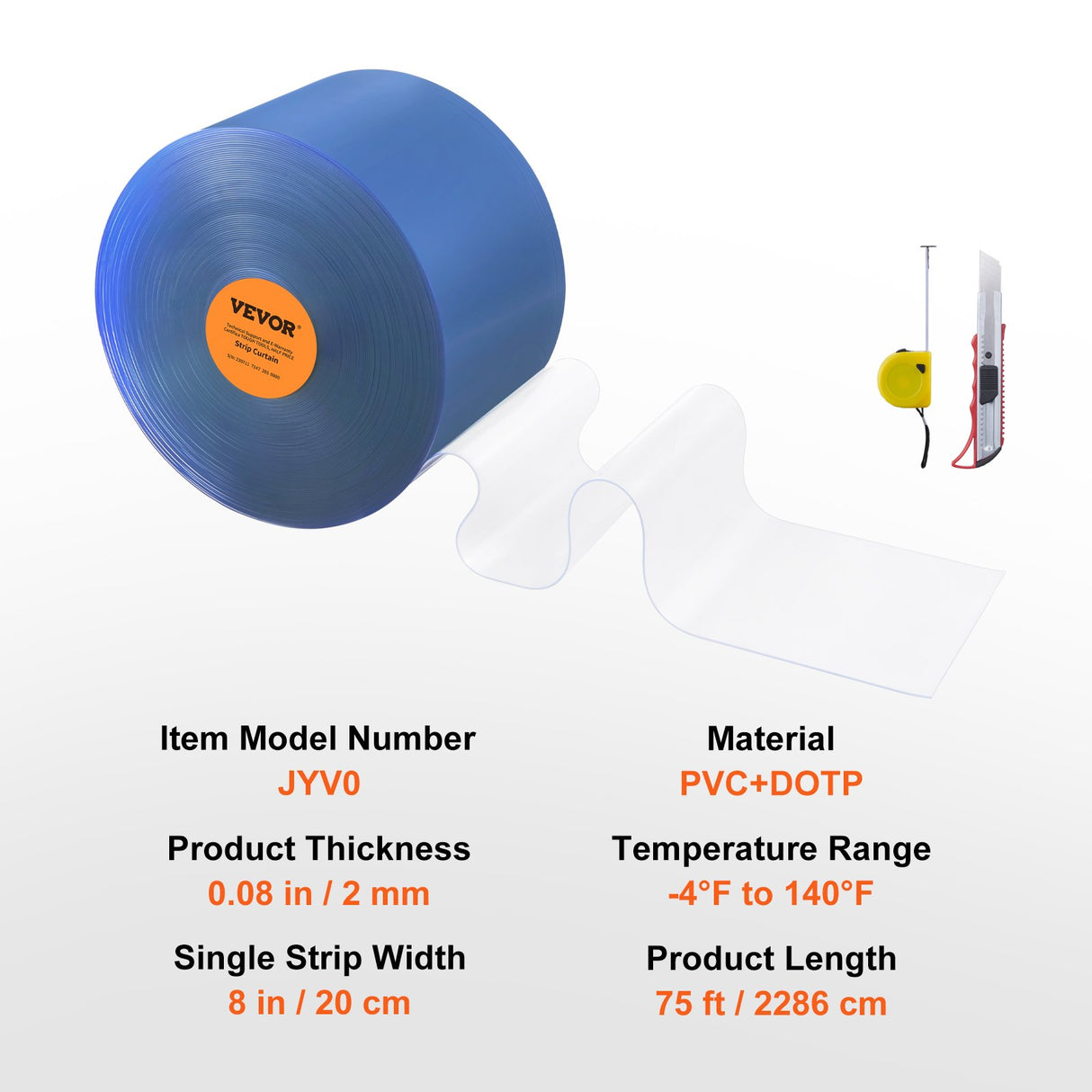 VEVOR Strip Curtain, 75' Length x 8" Width x 0.08" Thickness, Clear PVC Smooth Curtain Strip Door Bulk Roll, Plastic Door Strips for Doorways of