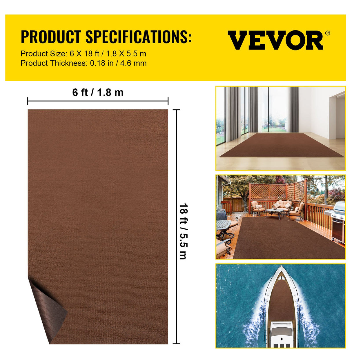 VEVOR Marine Carpet, 6 x 18 ft Boat Carpeting, Deep Brown Marine Grade Boat Carpet, Indoor/Outdoor Marine Carpeting with Water-Proof TPR Backing,