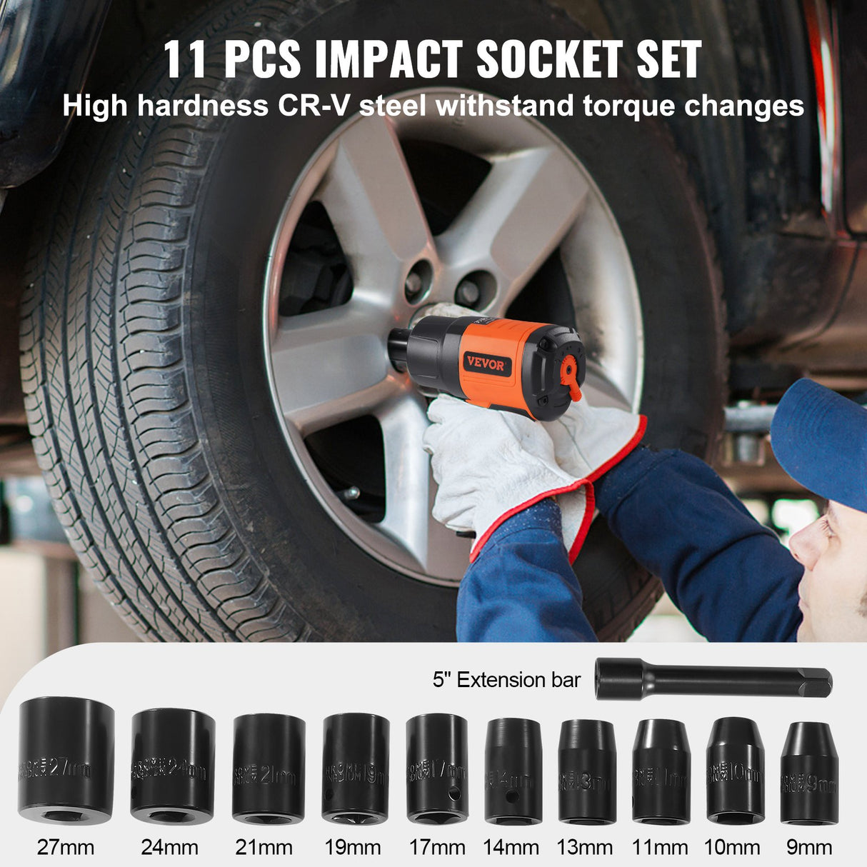 VEVOR 1/2-Inch Air Impact Wrench, High Torque Up to 1400 ft-lbs, Lightweight 4.6 lb Design Pneumatic Impact Gun with 11-PCS 1/2-Inch Drive?CR-V?Steel
