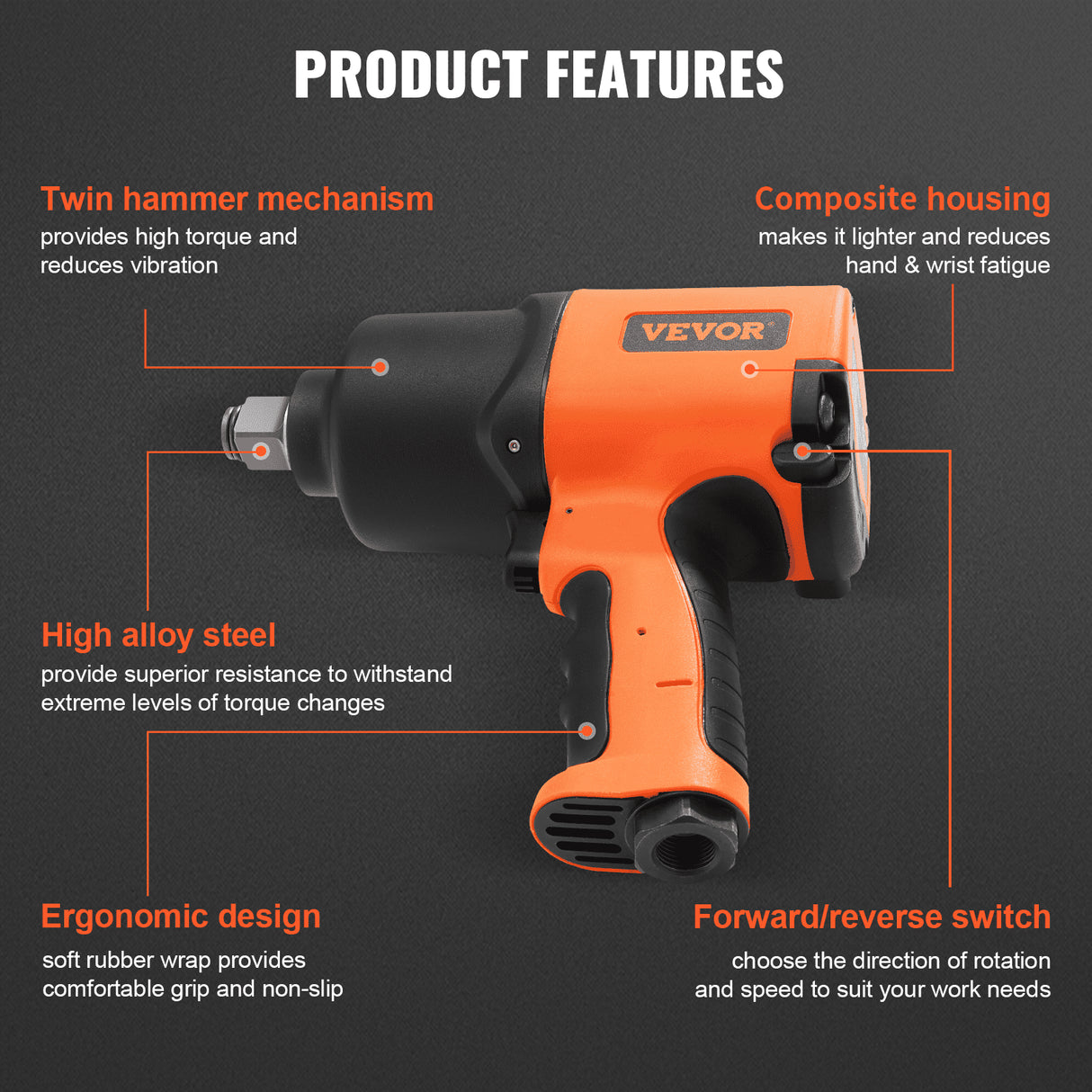 VEVOR Air Impact Wrench, 3/4-Inch Drive Air Impact Gun, Up to 1870ft-lbs Nut-busting Torque, Composite Pneumatic Impact Wrench for Auto_epairs_nd_aintenance Heavy Duty