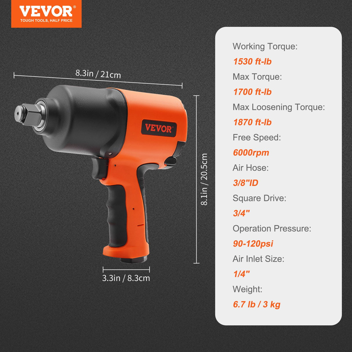 VEVOR Air Impact Wrench, 3/4-Inch Drive Air Impact Gun, Up to 1870ft-lbs Nut-busting Torque, Composite Pneumatic Impact Wrench for Auto_epairs_nd_aintenance Heavy Duty
