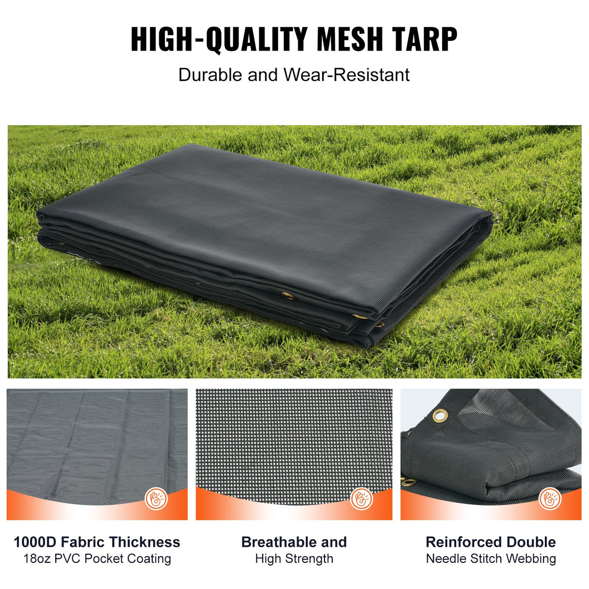 VEVOR Dump Truck Mesh Tarp, 5 x 14 ft, PVC Coated Black Heavy Duty Cover with 5.5" 18oz Double Pocket, Brass Grommets, Reinforced Double Needle Stitch