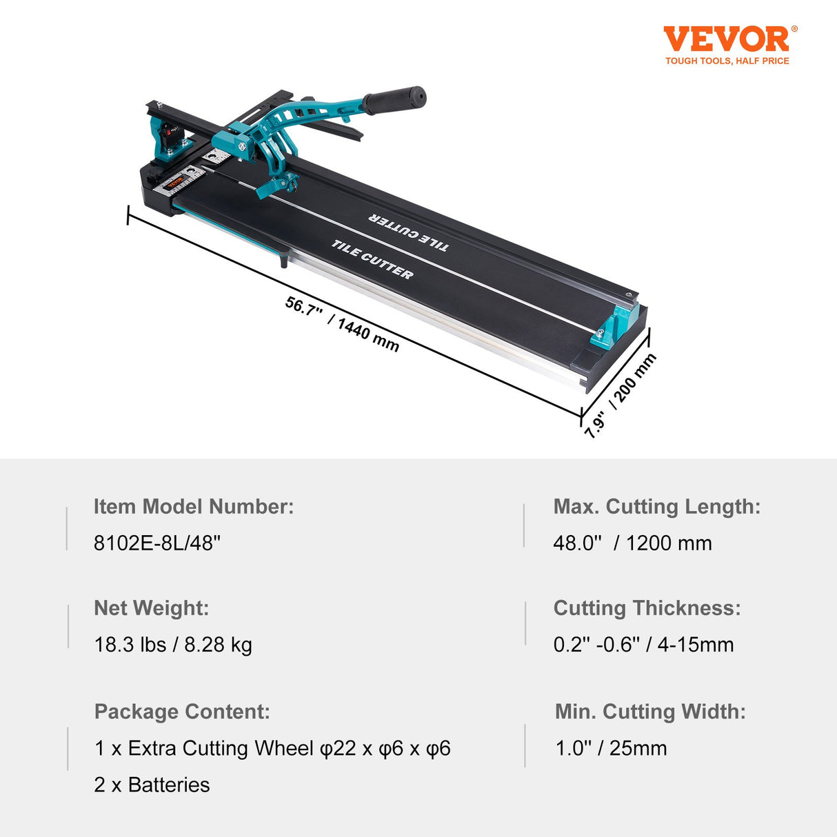 VEVOR Manual Tile Cutter, 1200mm, Porcelain Ceramic Tile Cutter with Tungsten Carbide Cutting Wheel, Infrared Positioning, Anti-Skid Feet, Durable Rails for professional installers or beginners