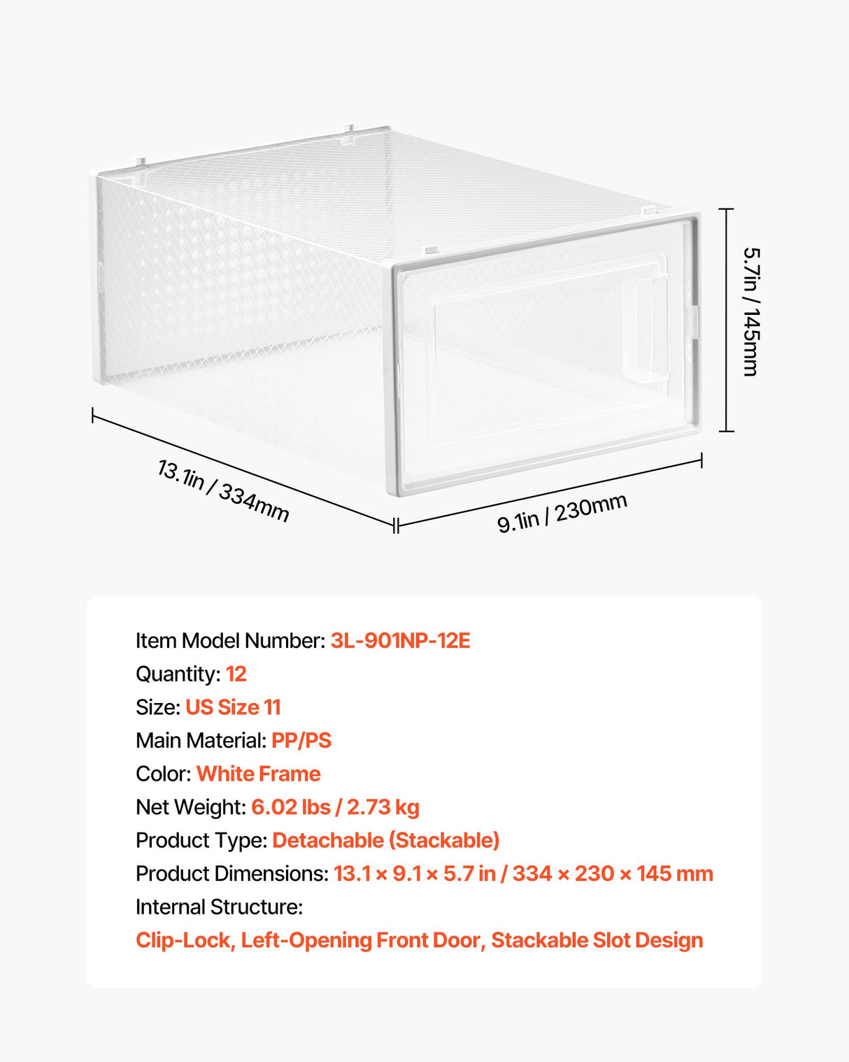 VEVOR Shoe Storage Boxes 12 Pack Stackable Storage Organizers US Size 11 White