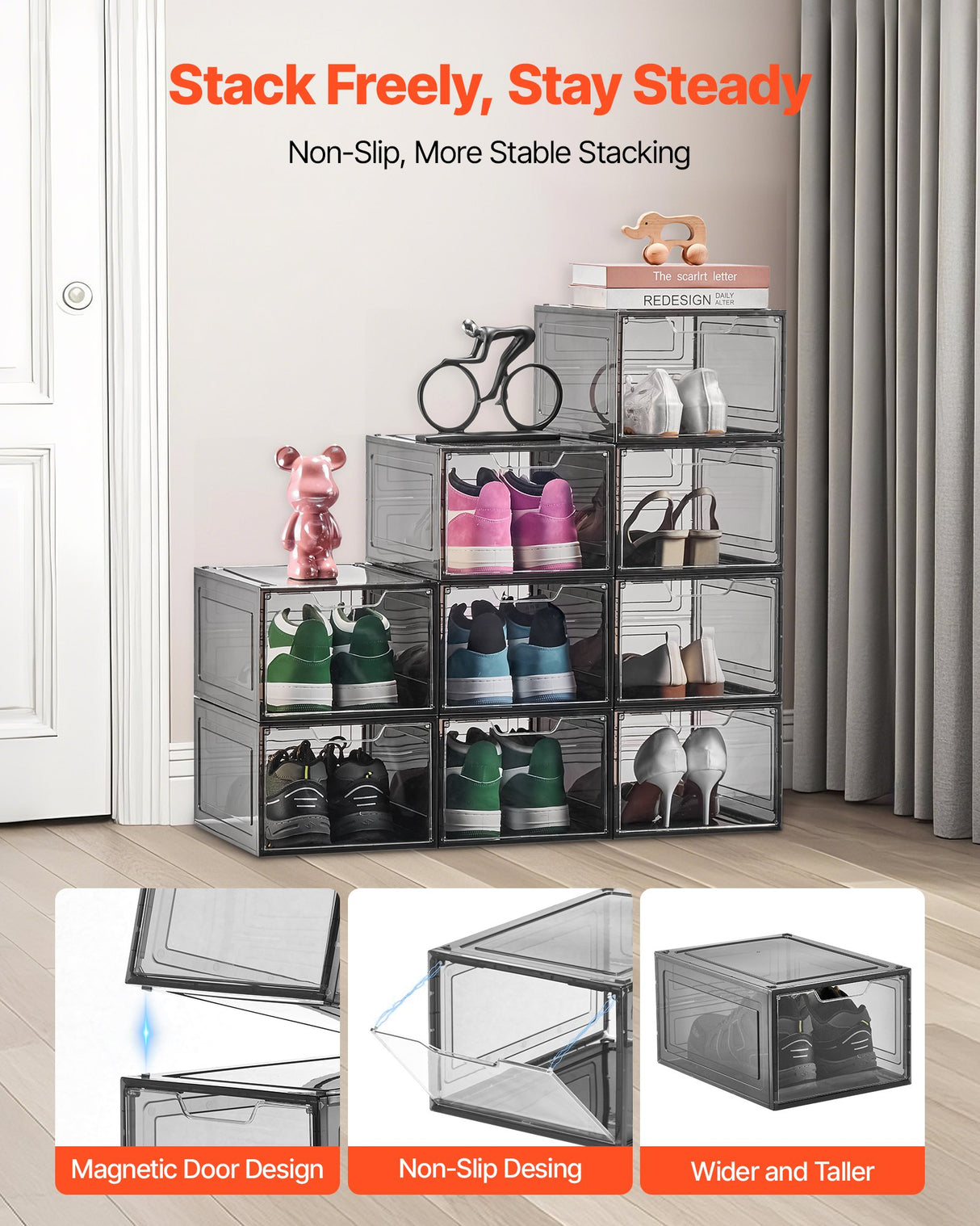 Shoe Storage Boxes, 9 Pack Clear Stackable Shoe Boxes Storage Organizers with Magnetic Door, Fit up to US Size 13, Plastic Sneaker Containers for High Heels, Boots, and Hats, Transparent Black