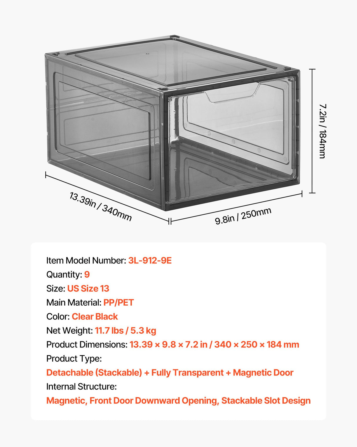 VEVOR Shoe Storage Boxes, 9 Pack Clear Stackable Shoe Boxes Storage Organizers with Magnetic Door, Fit up to US Size 13, Plastic Sneaker Containers for High Heels, Boots, and Hats, Transparent Black