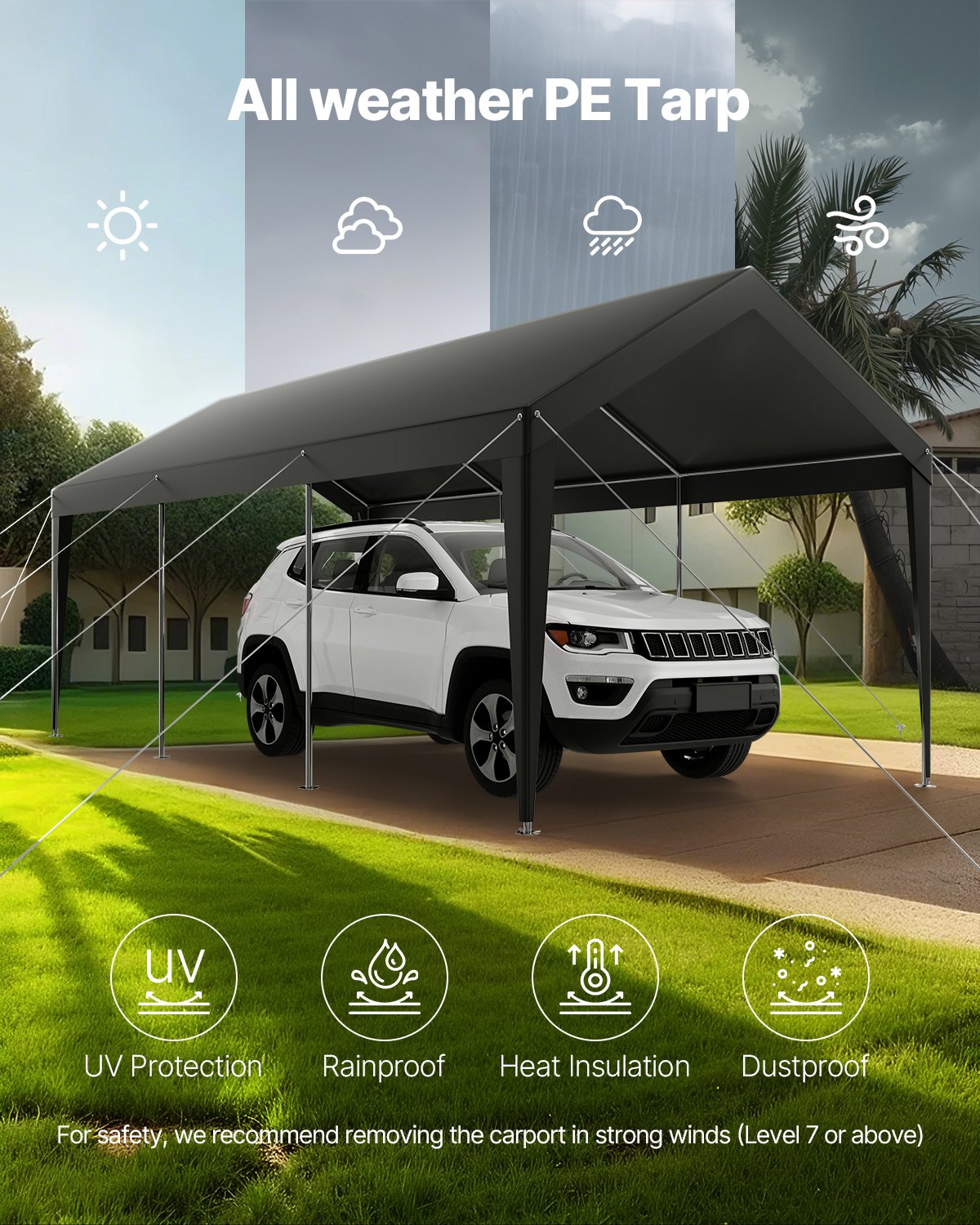 VEVOR Carport Car Canopy 10 x 20 FT Heavy Duty Portable Car Shelter Tent Grey
