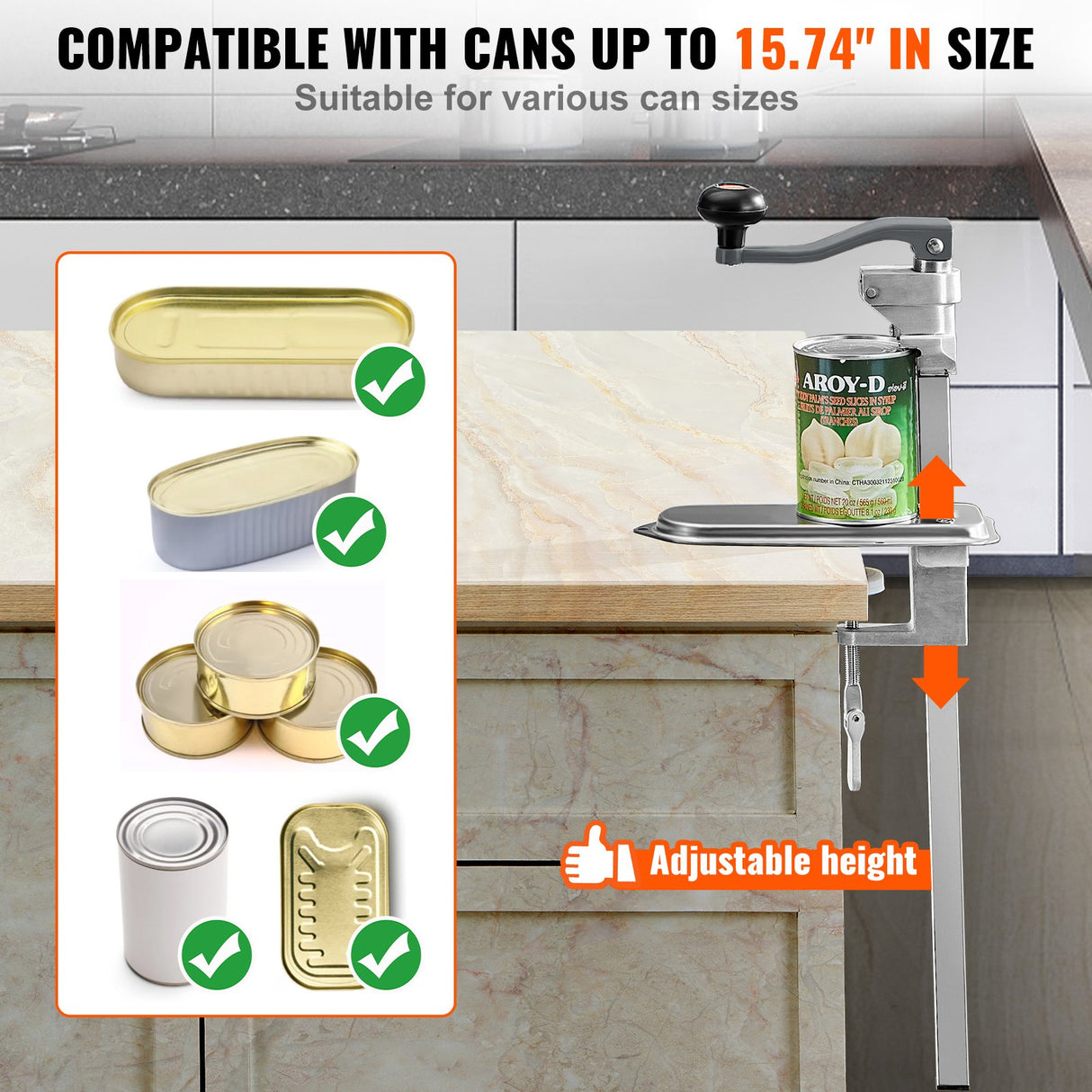 VEVOR Manual Can Opener, Commercial Table Clamp Opener for Large Cans, Heavy Duty Can Opener with Base, Adjustable Height Industrial Jar Opener For