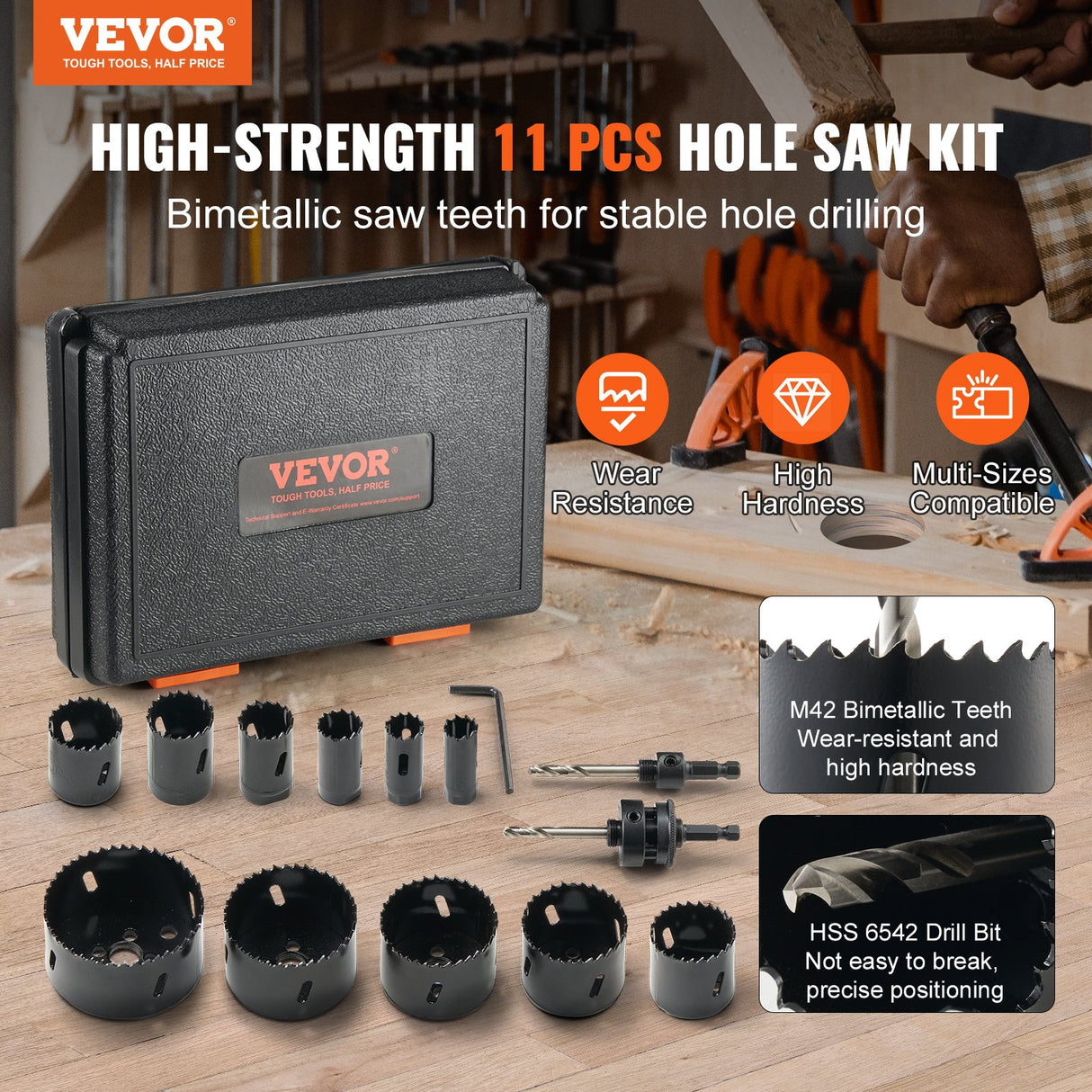 VEVOR Hole Saw Kit, 11 PCS Saw Blades, 2 Drill Bits, 1 Hex Wrench, Bi Metal M42 Hole Saw Set with Carrying Case, General Purpose Size from 3/4" to 3", Ideal for Wood Board, Iron and Plastic Plate