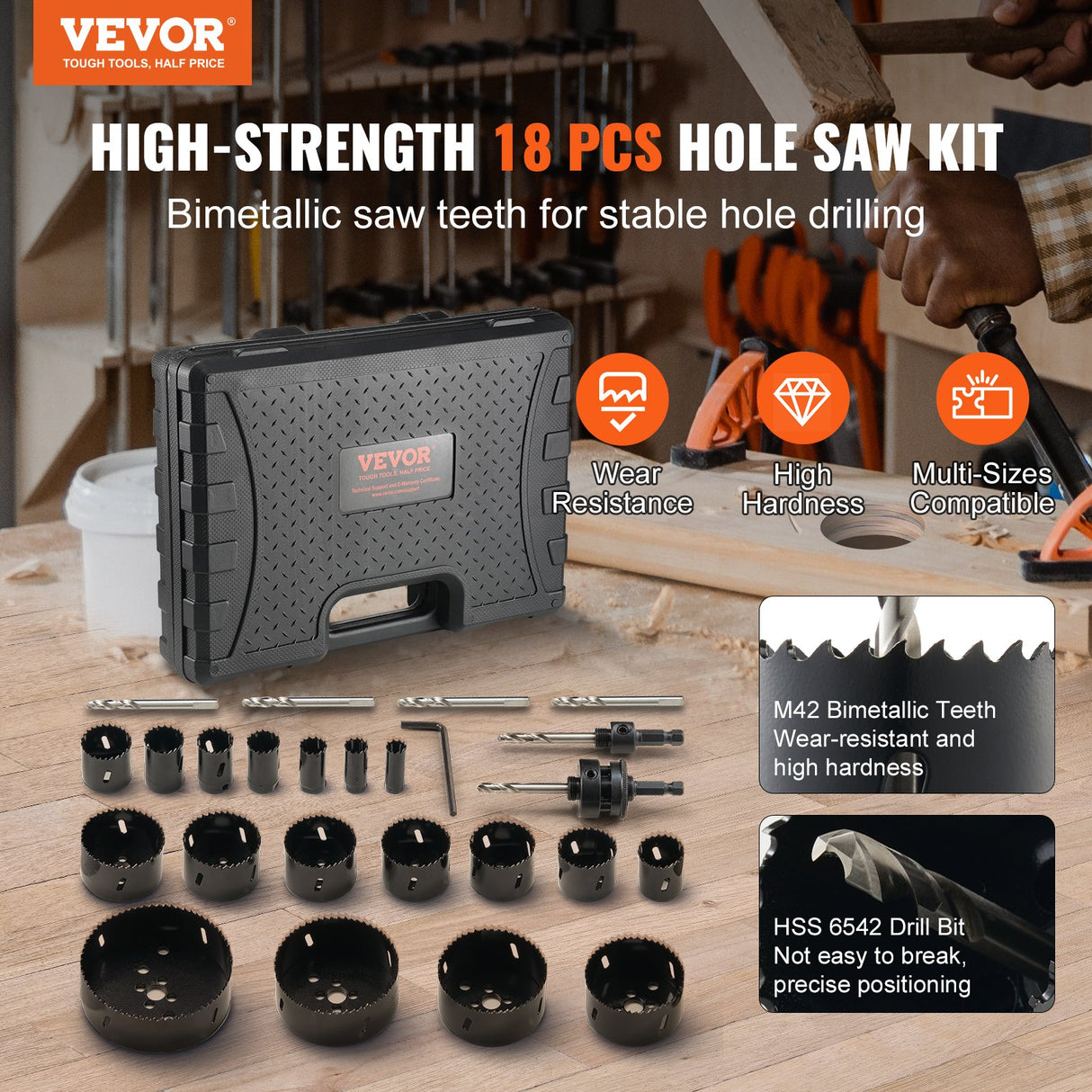 VEVOR Hole Saw Kit, 18 PCS Saw Blades, 6 Drill Bits, 1 Hex Wrench, Bi Metal M42 Hole Saw Set with Carrying Case, General Purpose Size from 3/4" to 4-1/2", Ideal for Wood Board, Iron and Plastic Plate