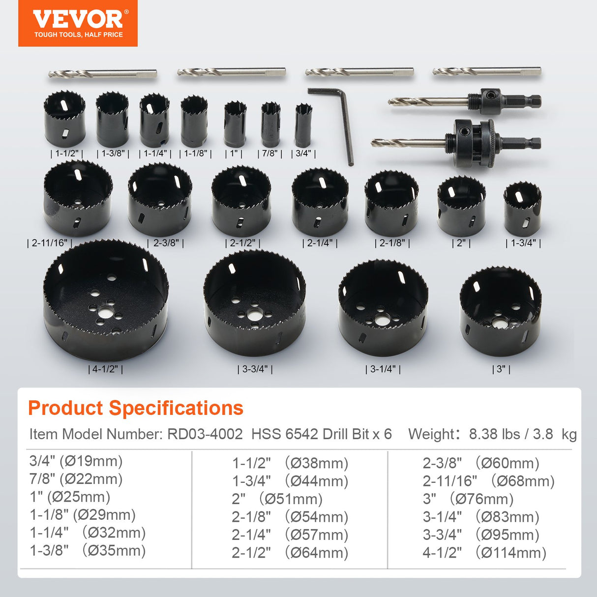 VEVOR Hole Saw Kit, 18 PCS Saw Blades, 6 Drill Bits, 1 Hex Wrench, Bi Metal M42 Hole Saw Set with Carrying Case, General Purpose Size from 3/4" to 4-1/2", Ideal for Wood Board, Iron and Plastic Plate