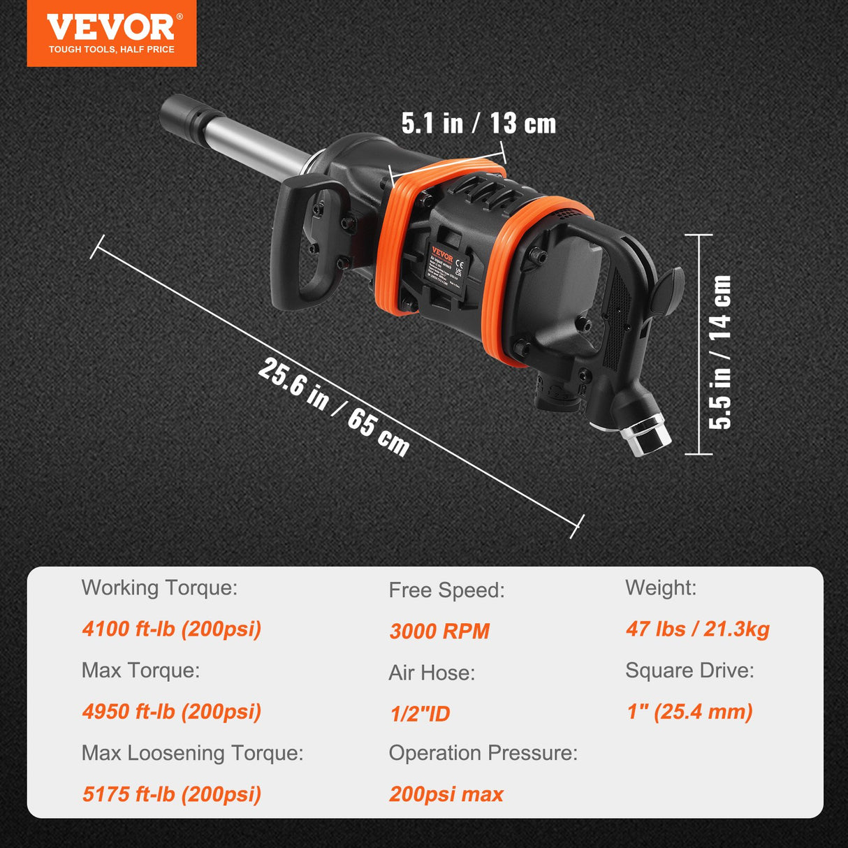 VEVOR 1 Inch Air Impact Wrench, Up to 5175 ft-lbs Beast Reverse Torque Output Pneumatic Impact Gun w/ 8 Inch Extended Anvil for Repairs_nd_aintenance