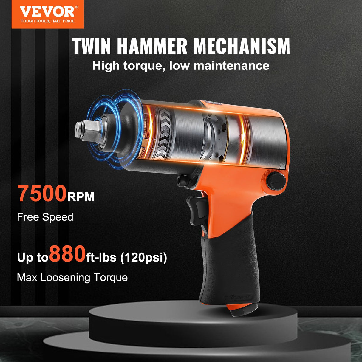 VEVOR Air Impact Wrench, 1/2" Drive Air Impact Gun Up to 880ft-lbs Nut-busting Torque, 7500RPM Lightweight Pneumatic Tool for