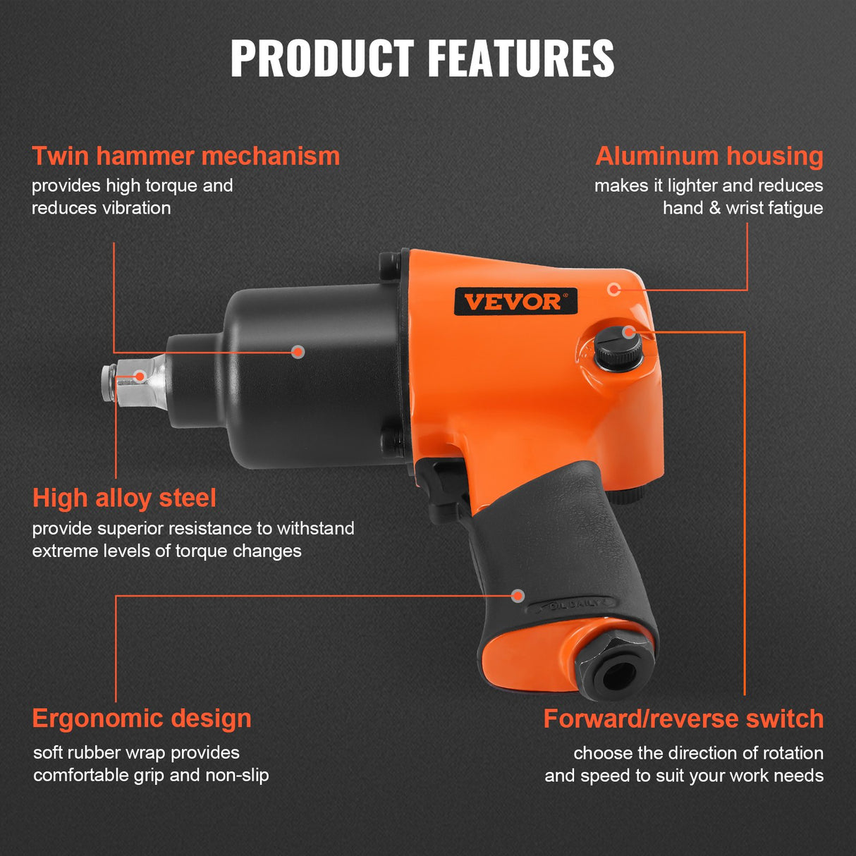 VEVOR Air Impact Wrench, 1/2" Drive Air Impact Gun Up to 880ft-lbs Nut-busting Torque, 7500RPM Lightweight Pneumatic Tool for