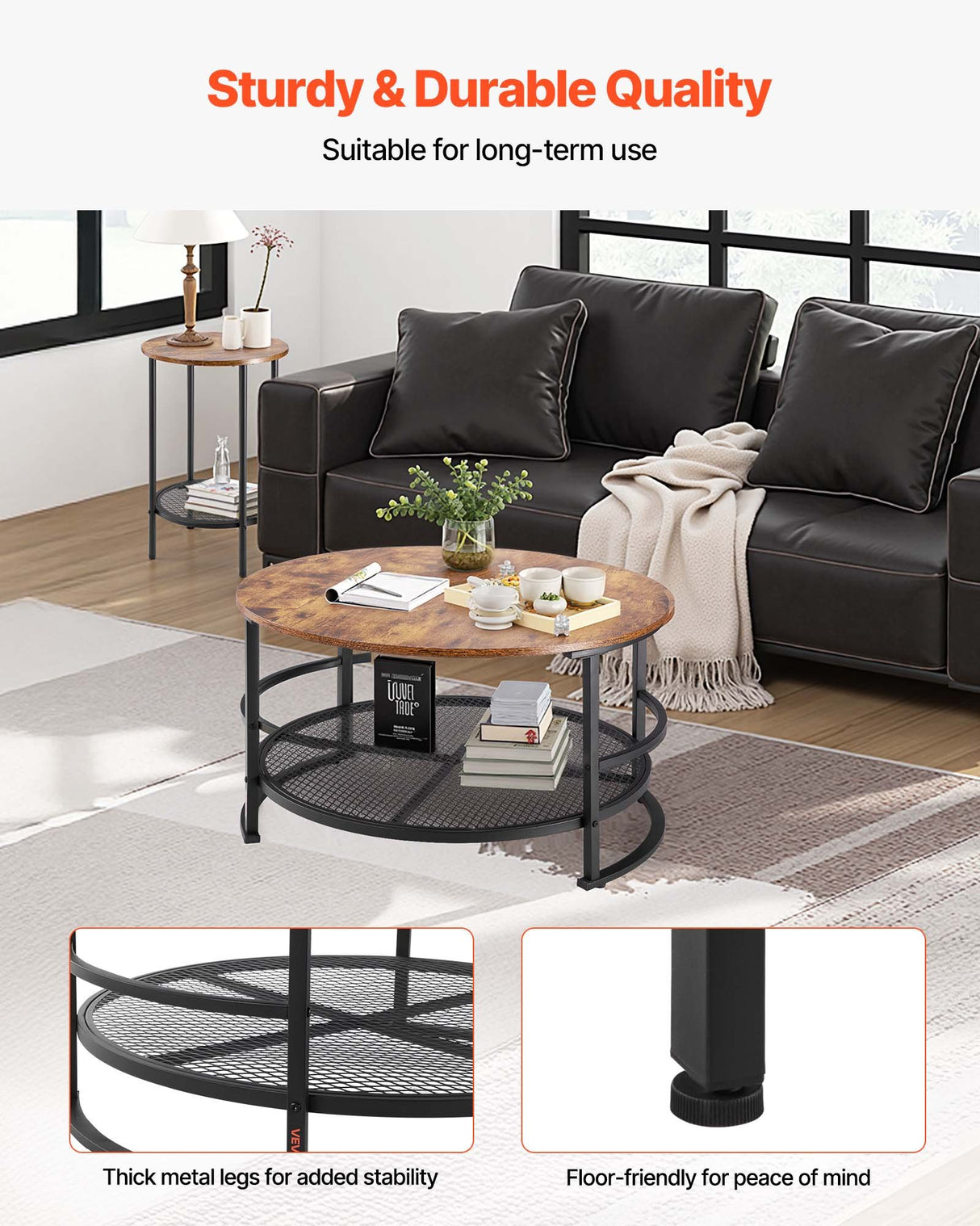 VEVOR 3 Pieces Round Coffee Table Set 80 cm with 2 End Tables for Living Room