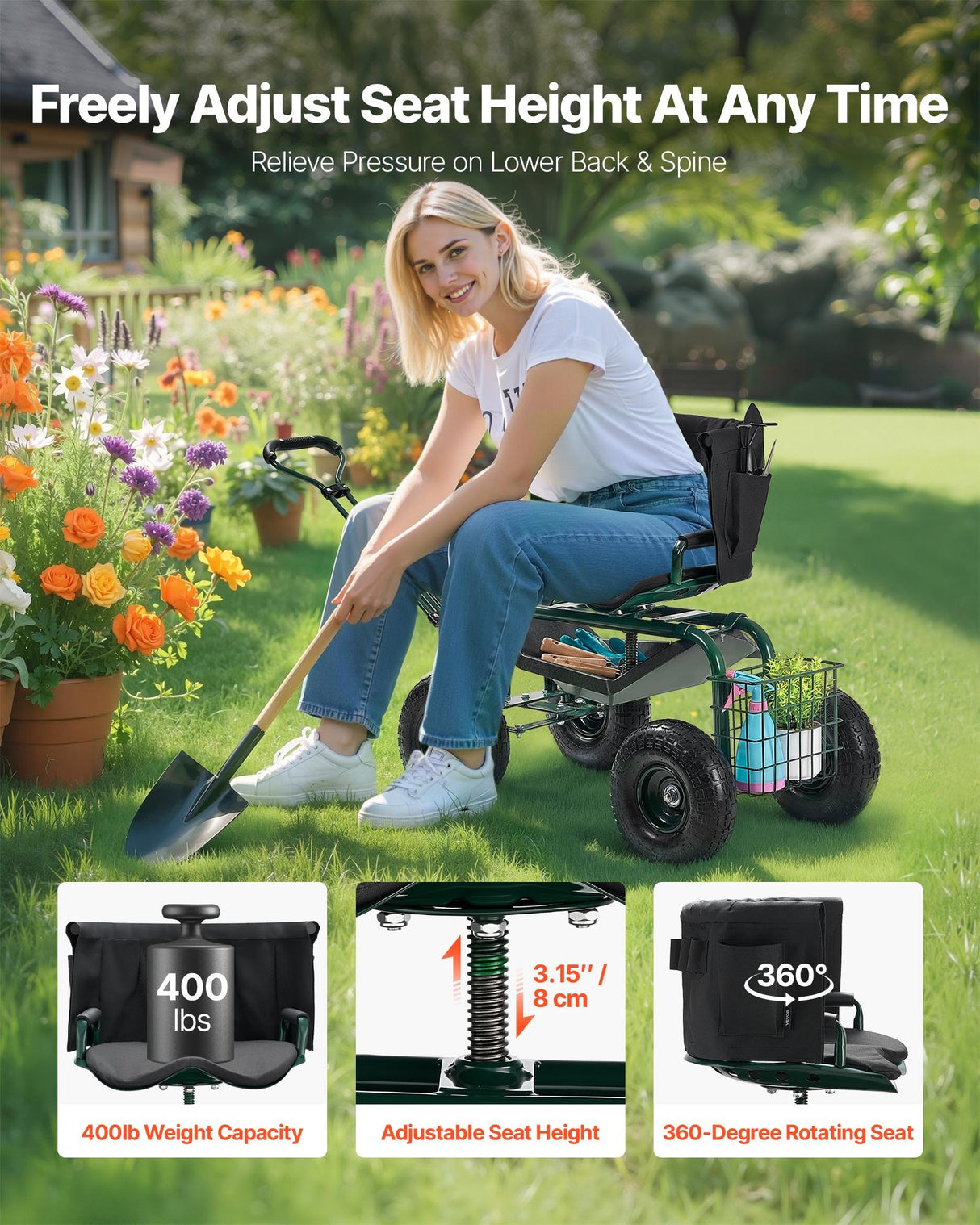 VEVOR Rolling Garden Cart with Swivel Seat Wheels Extendable Handle Storage Box