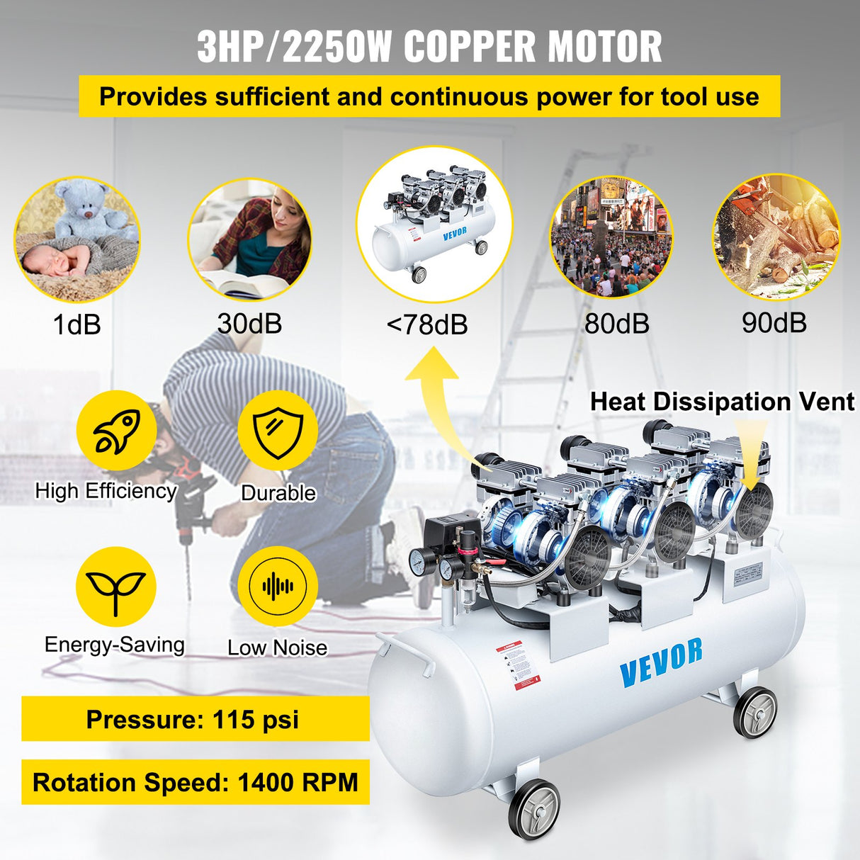 VEVOR Oil Free Air Compressor Air Compressor Tank 100L 3HP Ultra Silent Inflator