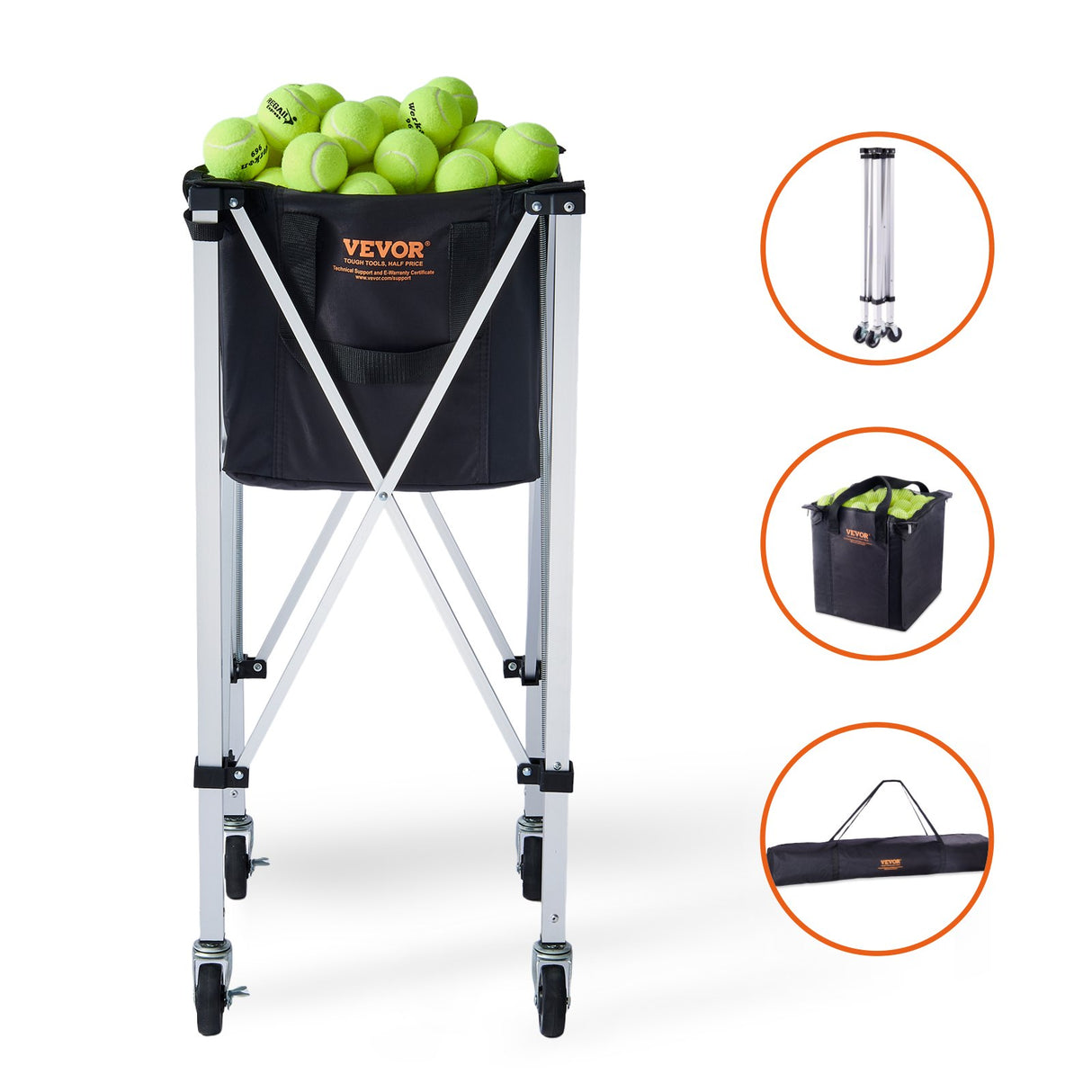 VEVOR Foldable Tennis Ball Hopper, Holds 150 Tennis Balls, Lightweight Aluminum Alloy Tennis Ball Basket Cart with Wheels, Removable Bag, Carry Bag,
