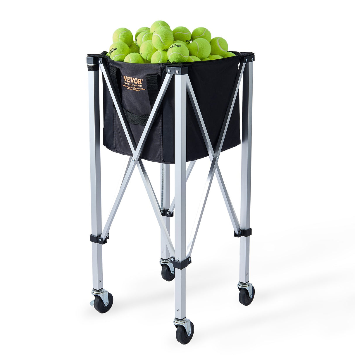 VEVOR Foldable Tennis Ball Hopper, Holds 150 Tennis Balls, Lightweight Aluminum Alloy Tennis Ball Basket Cart with Wheels, Removable Bag, Carry Bag,