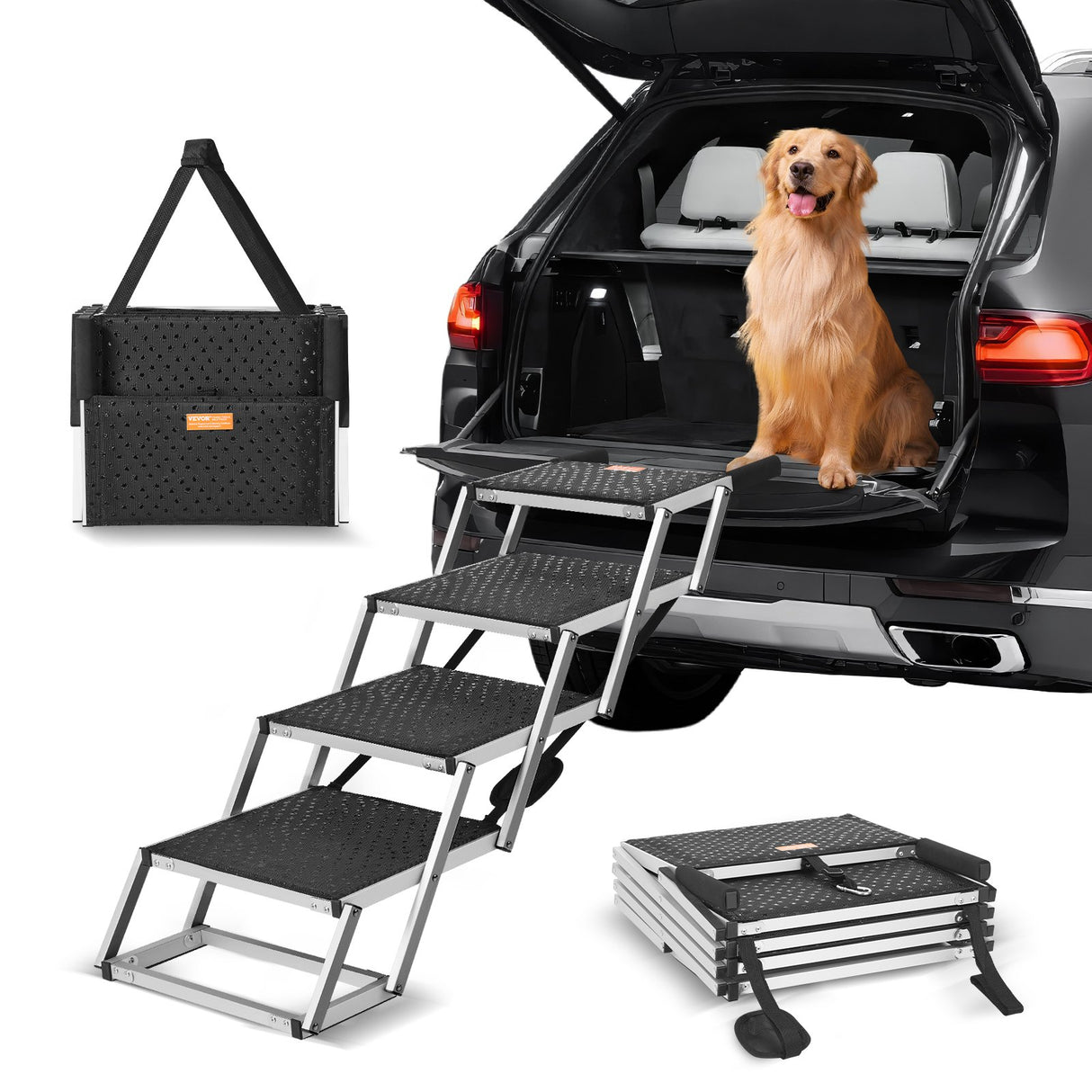 VEVOR Dog Stair for Cars 4-step Folding Dog Steps Aluminum Loads up to 150 lbs, Foldable 24-25.4 in