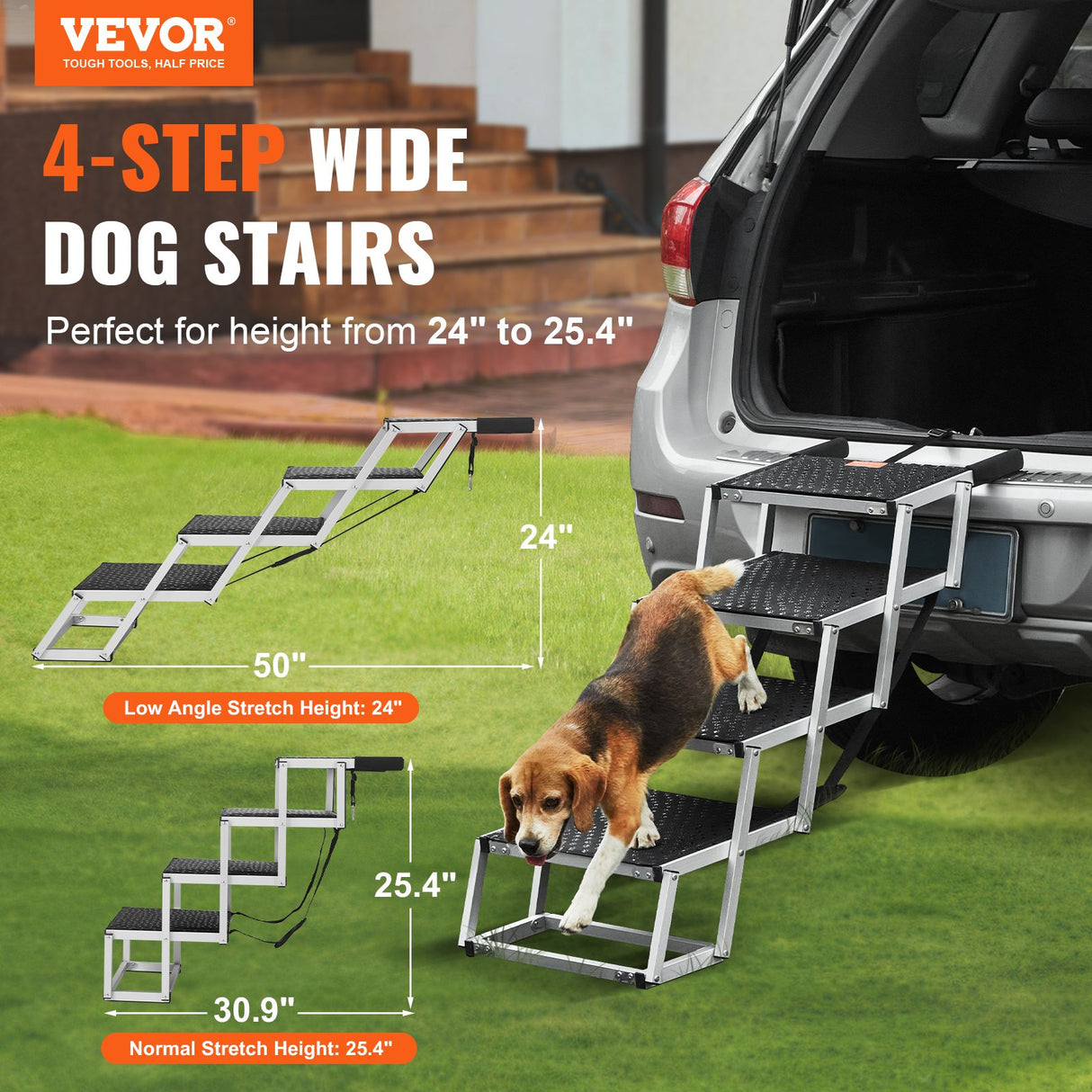 VEVOR Dog Stair for Cars 4-step Folding Dog Steps Aluminum Loads up to 150 lbs, Foldable 24-25.4 in