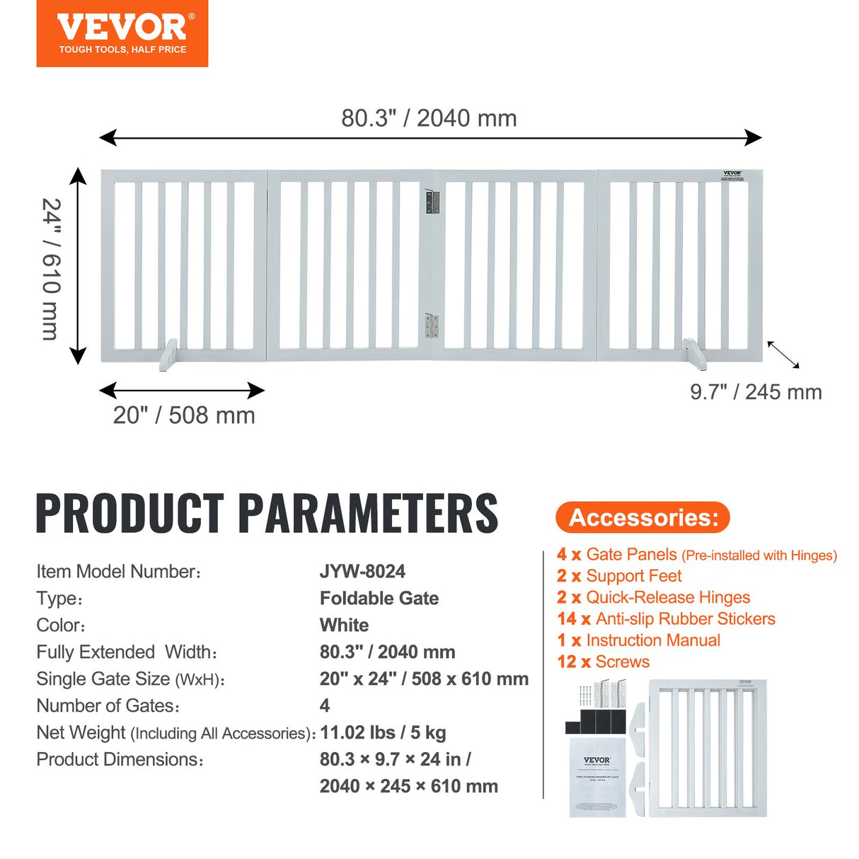 VEVOR Free Standing Dog Gate, 24" H x 80.3" W Freestanding Pet Gate, 4 Panels Foldable Dog Gate for Wide and Narrow Passageways, Expandable Dog