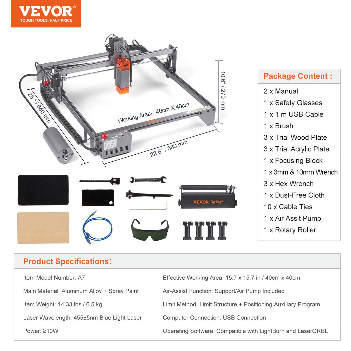 VEVOR Laser Engraver, 10W Output Laser Engraving Machine, 15.7" x 15.7" Large Working Area, 10000mm/min Movement Speed, Compressed Spot with Rotary