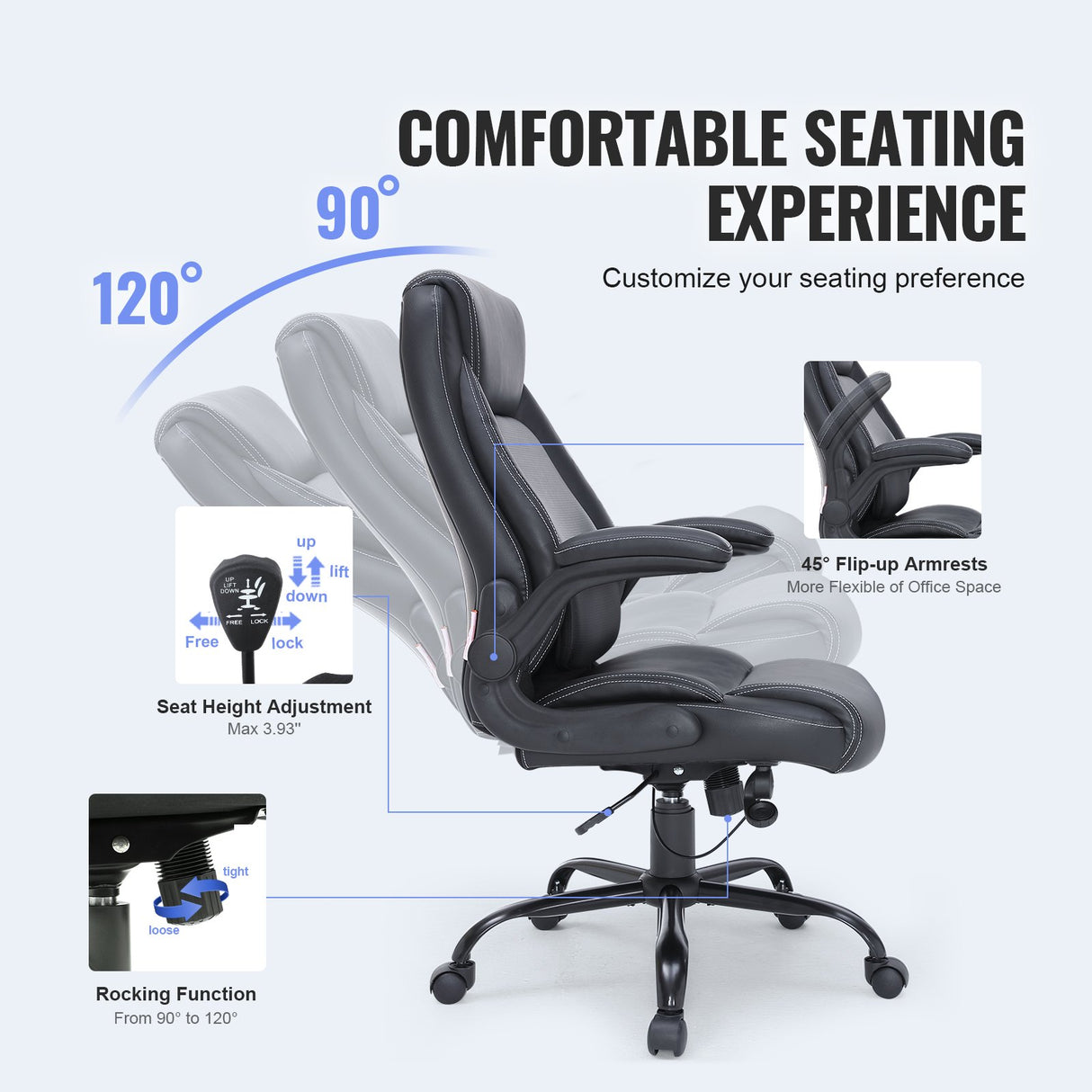 VEVOR Executive Office Chair with Cutting-edge Adjustable Lumbar Support, High Back PU Leather Office Chair Ergonomic for Back Pain, with Padded Flip-