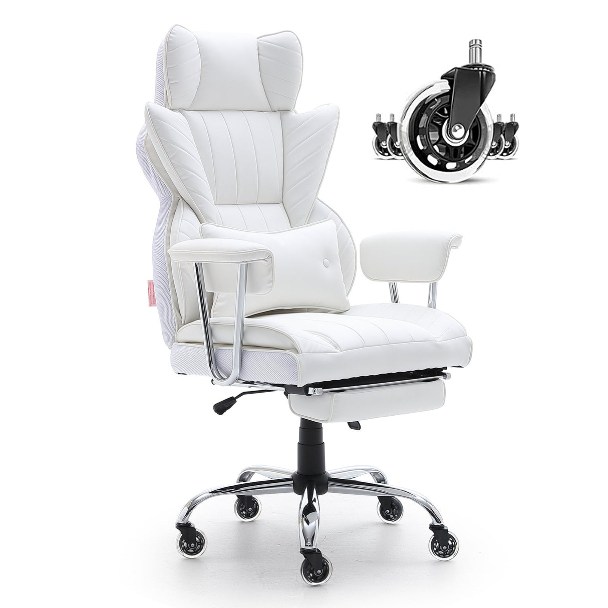 VEVOR Reclining Office Chair with Footrest Heavy Duty PU Leather Wide Office Chair Big and Tall Executive Office Chairs with Lumbar Support Strong Metal Base Quiet Wheels White